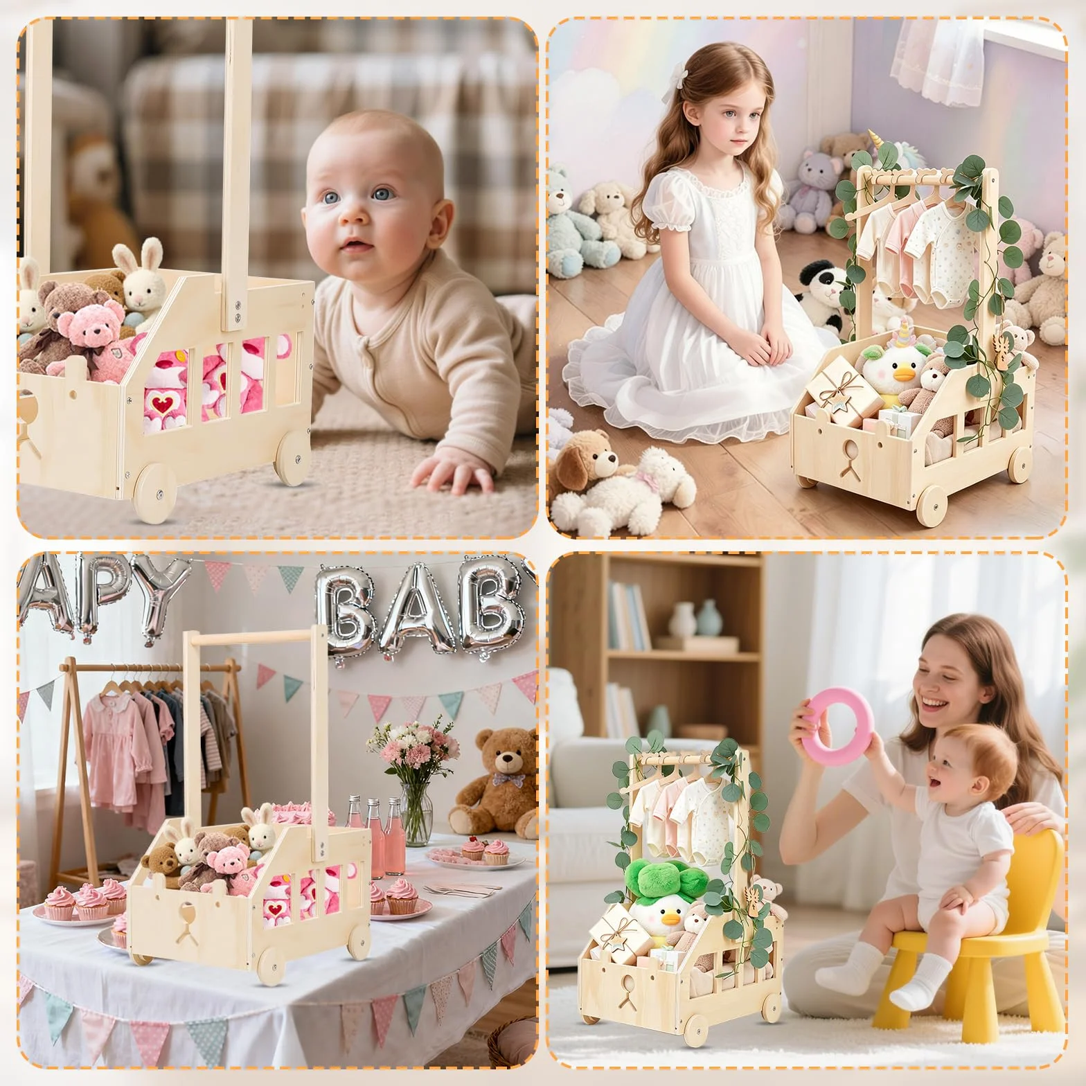 Cesta de Madera para Bebé con Perchero y Ruedas, Canastilla Baby Shower, Diseño Osito, Color Natural