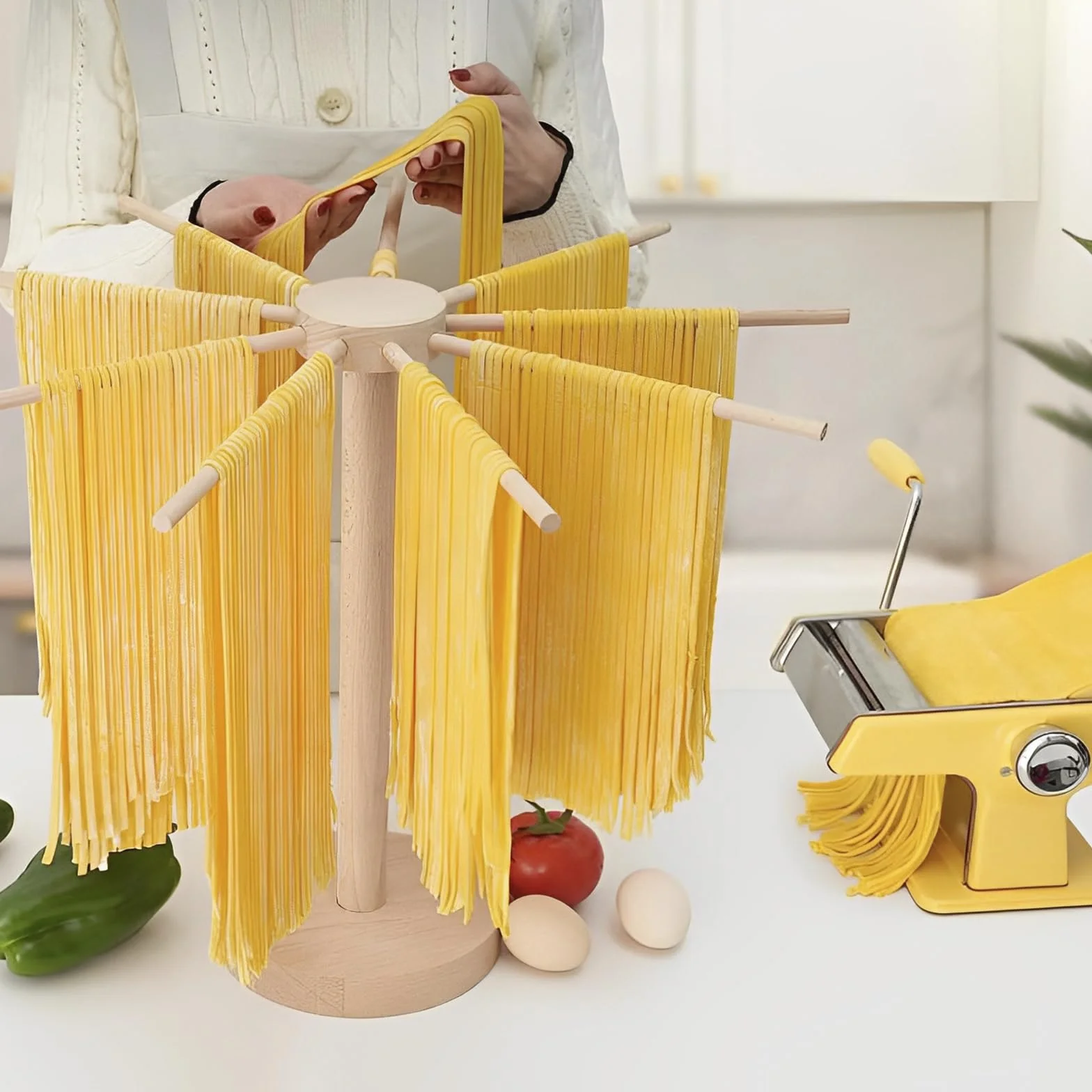 Secador de fideos, soporte para pasta con 9 asas de barra, soporte portátil para espaguetis para secar hasta 4,5 kg de pasta, reutilizable para pasta en casa