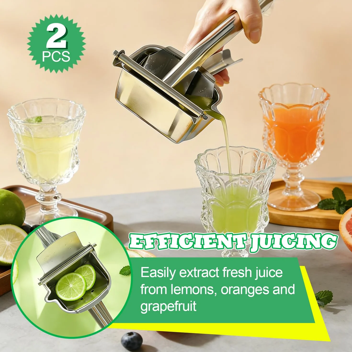 2 Piezas Acero Inoxidable 304 Exprimidor Limon Exprimidor Manual Lemon Squeezer Principio de Palanca Exprimido Eficaz Facil de Limpiar para Limones Naranjas Limas Granadas y Otras Frutas | Acero inoxidable 304 | Mango ergonómico | compacto ahorra espacio