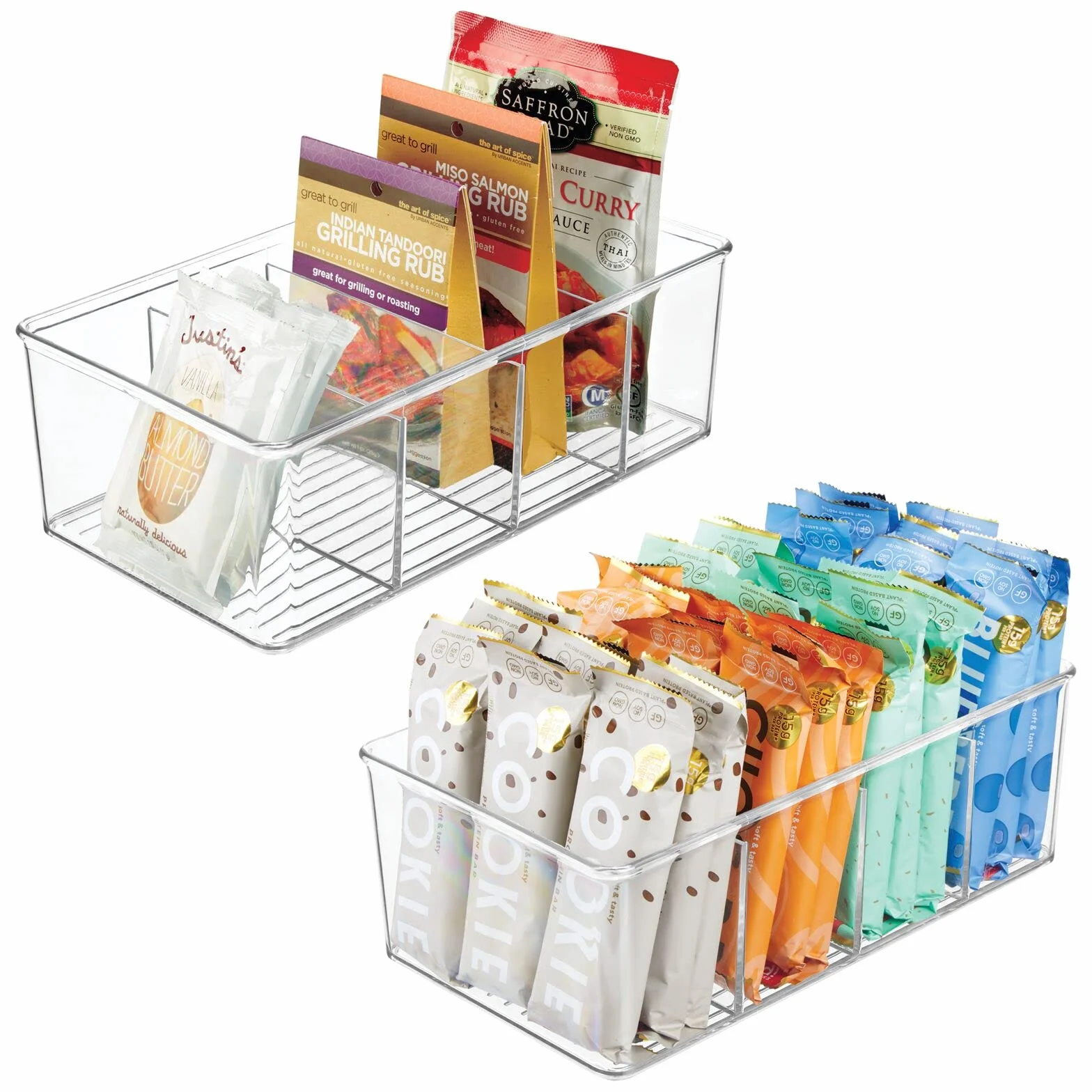 mDesign - Caja de almacenamiento apilable (juego de 2) - práctica cesta de almacenamiento de plástico con 4 armarios - almacenamiento de cocina moderno para sopas en bolsitas, especias, etc. -
