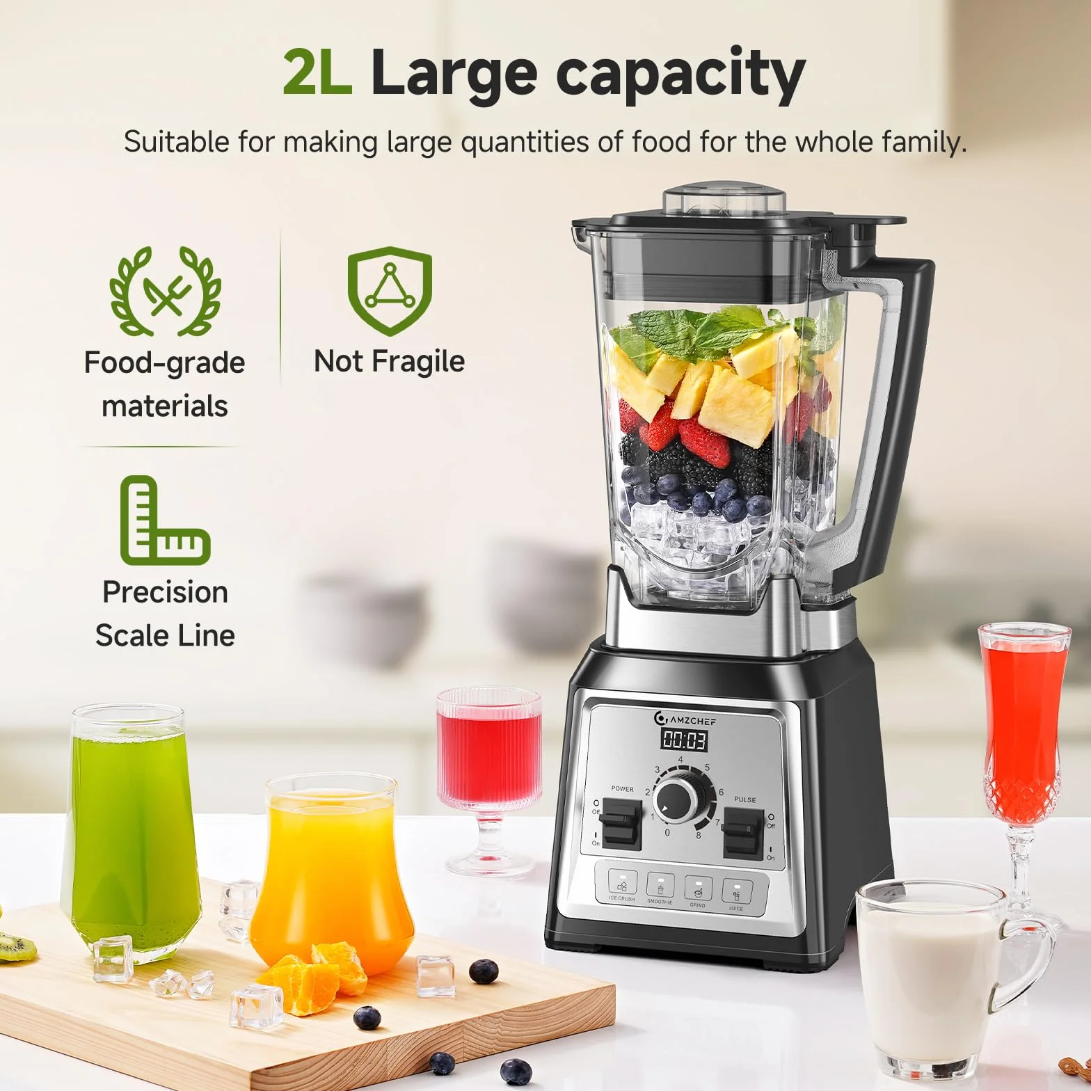 AMZCHEF Profesional Batidora, 2000 W batidora eléctrica con 4 funciones de un botón y 8 velocidades ajustables y función pulsaciones, batidora con 8 cuchillas de acero inoxidable – 25 000 rpm