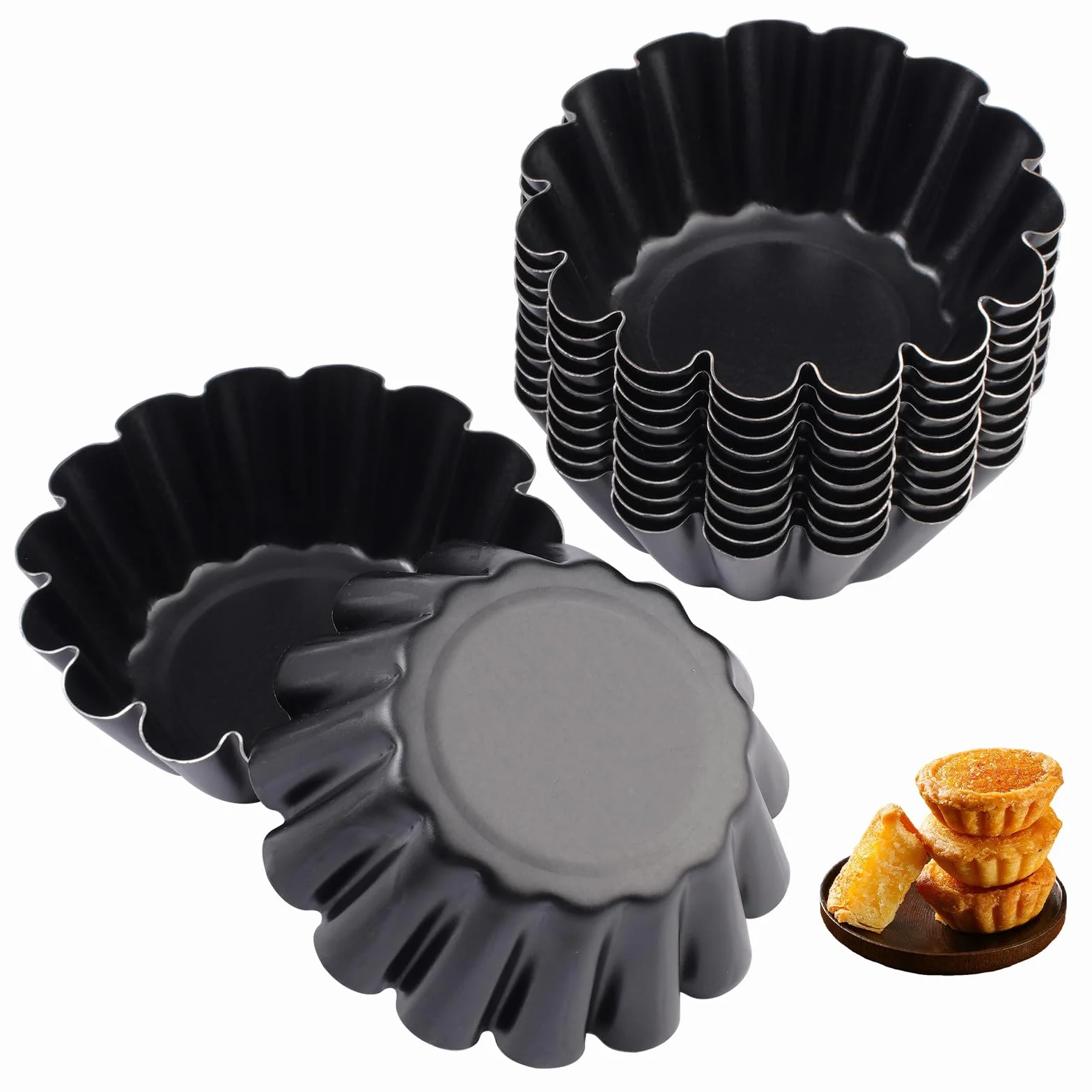 12 Piezas Moldes Mini Tartaletas Acero Carbono, 6.35 cm/2.5 in Moldes para Tartaletas Individuales,Reutilizables y Antiadherentes,Molde de Tarta de Huevo para Pudding, Tarta, Cupcake, Muffin