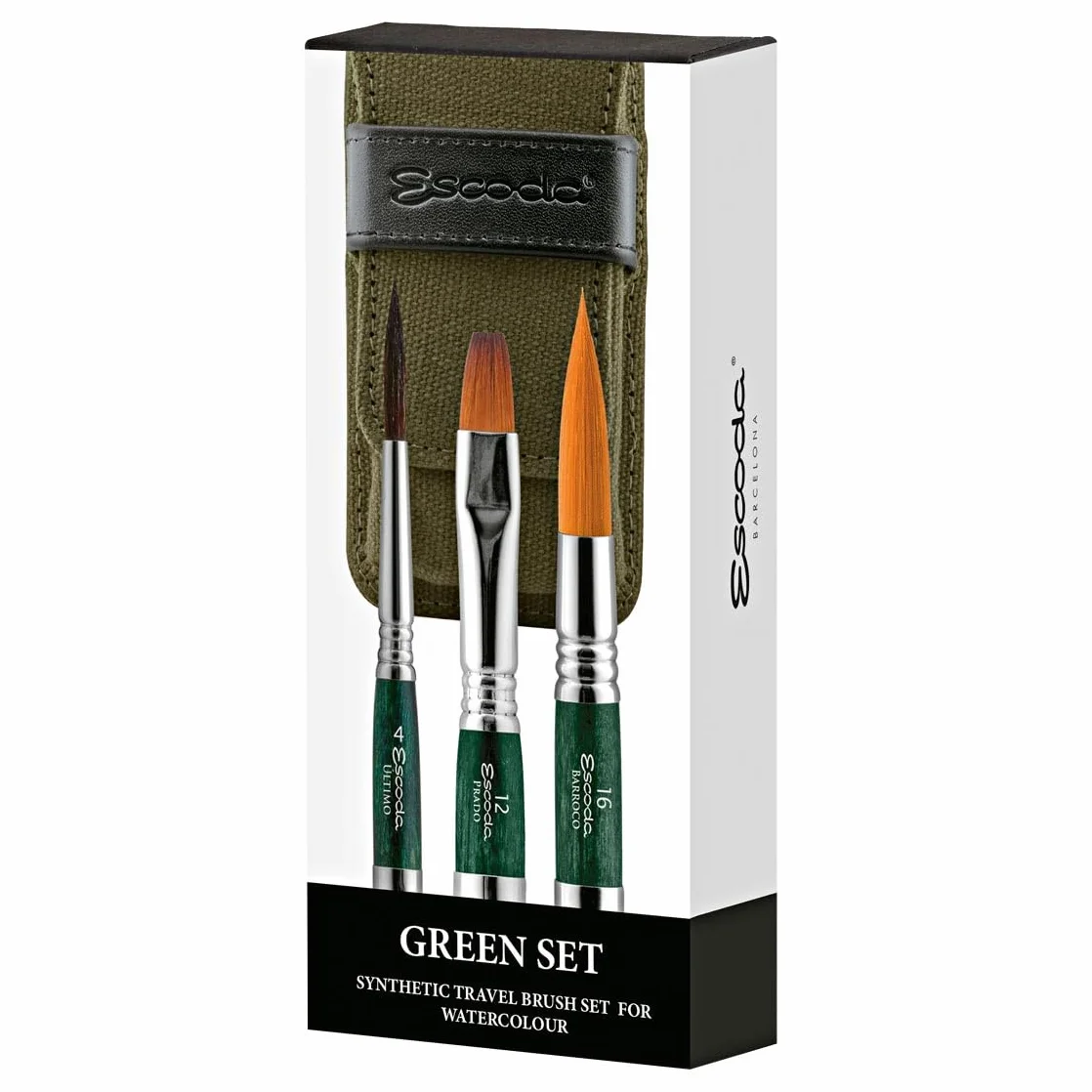 ESCODA Set 3 Pinceles Acuarela - Green Set Viaje N.4,12,16 Redondo Punta Salida Larga Carrado Pelo Sintético Serie Último Prado Barroco Estuche Tela Profesional Fabricado a Mano en España.