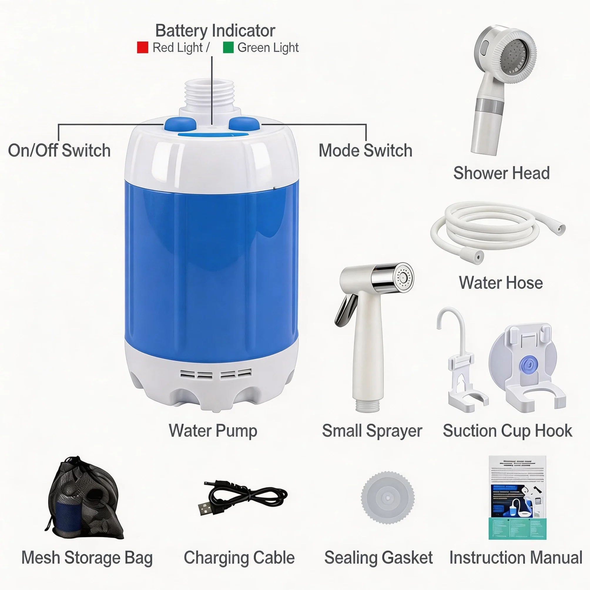 Ducha Portátil de Camping con Bomba Recargable, Modo Doble Velocidad, Lavado Autos y Mascotas