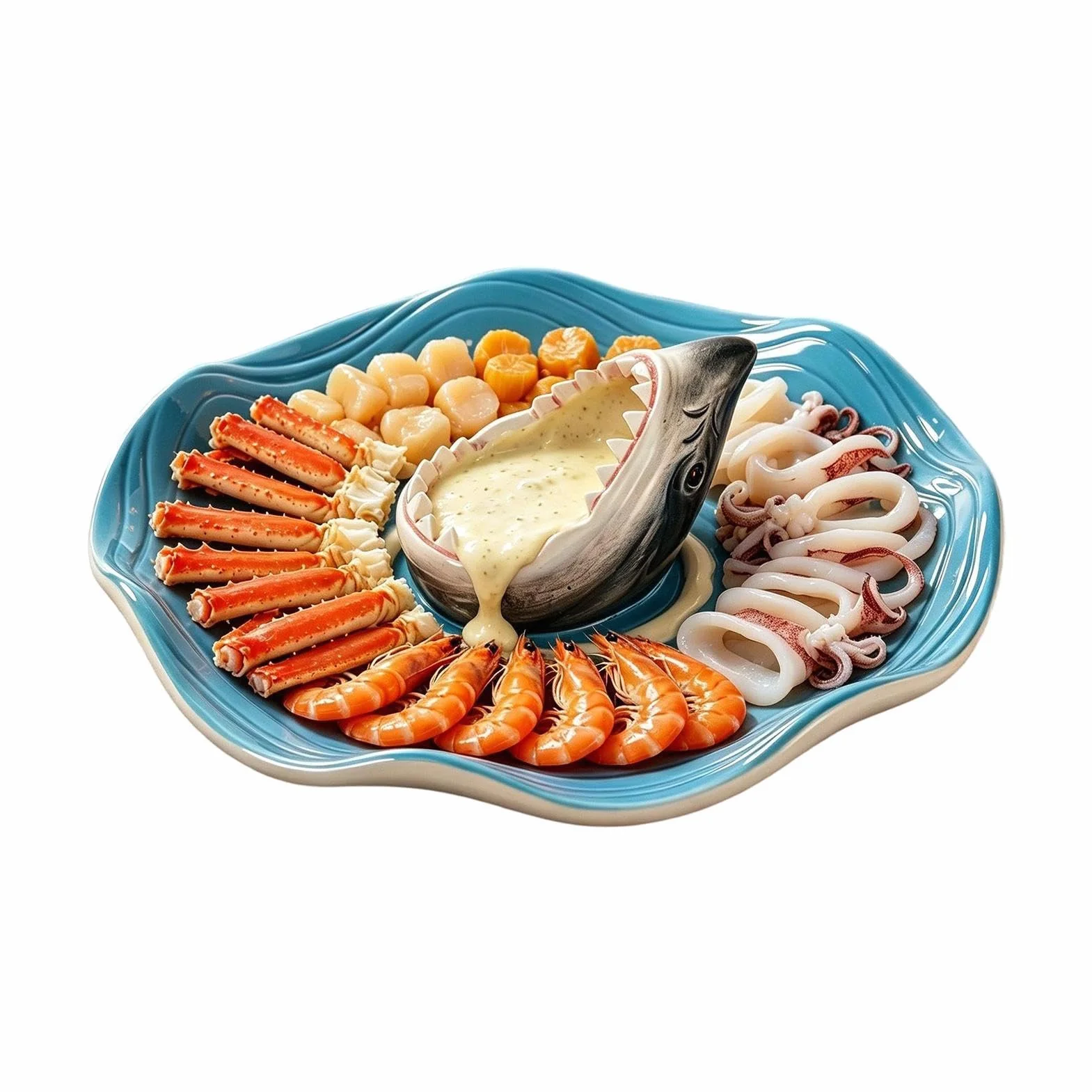 Genérico Fuente de Tiburón para Servir Plato de Cerámica Pintado a Mano con | Bandeja Aperitivos de Cerámica para Tacos de Pescado, Pulpo, Camarones, Sardinas, Hamburguesas,
