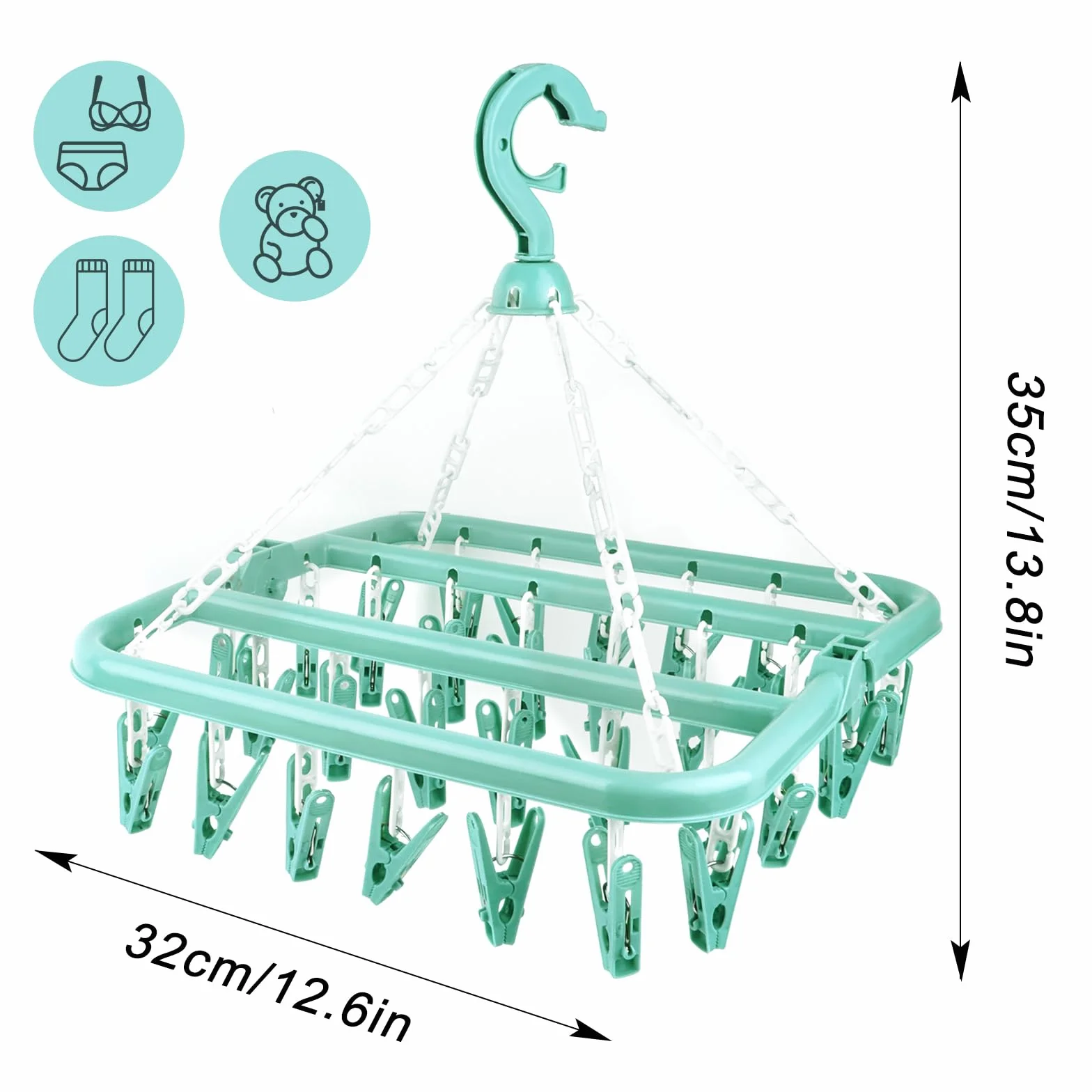 LWMTT Percha de Calcetines, Percha de lavandería con 32 Clips Plegable para Ropa Interior, Calcetines, Sujetador, Cortavientos, Plegable Estante de Secado de Ropa (Verde)