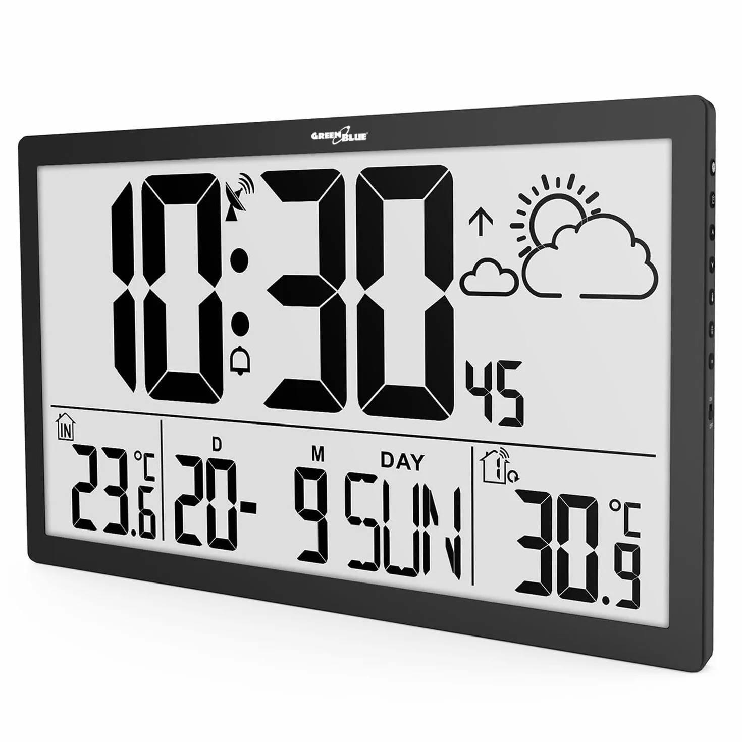 Green Blue GB218 Reloj de Pared Grande Digital con Sensor Exterior, Reloj DCF, Alarma con Función de Repetición, Pantalla LCD, Temperatura Interior y Exterior, Previsión, Dimensiones 37 x 22,5 cm