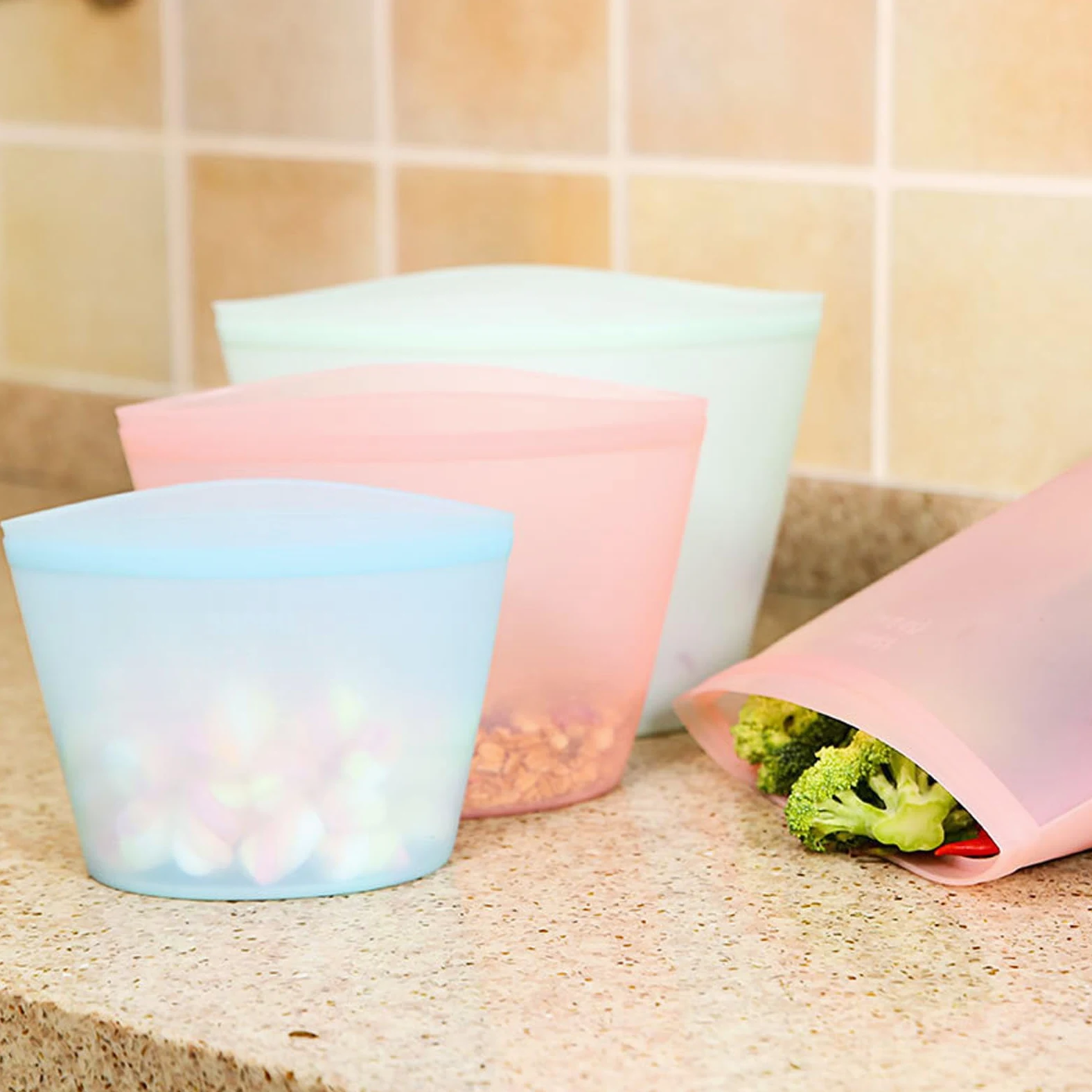 Bolsas de almacenamiento de silicona para sobras y refrigerios, 3 piezas, fáciles de limpiar y con cierre a presión, aptas para lavavajillas