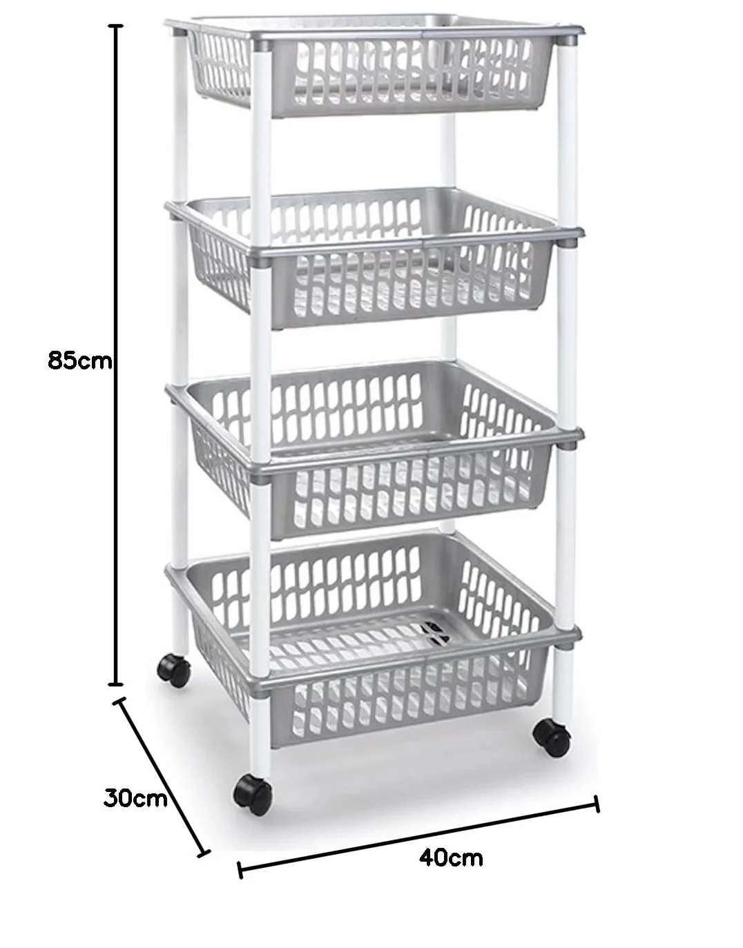 AC - Carrito verdulero Modelo PLFT de plástico con 4 Niveles y Ruedas, cestas apilables portaobjetos, Frutas, Verduras, Cocina, baño (Plata - 85 x 40 x 30 cm)