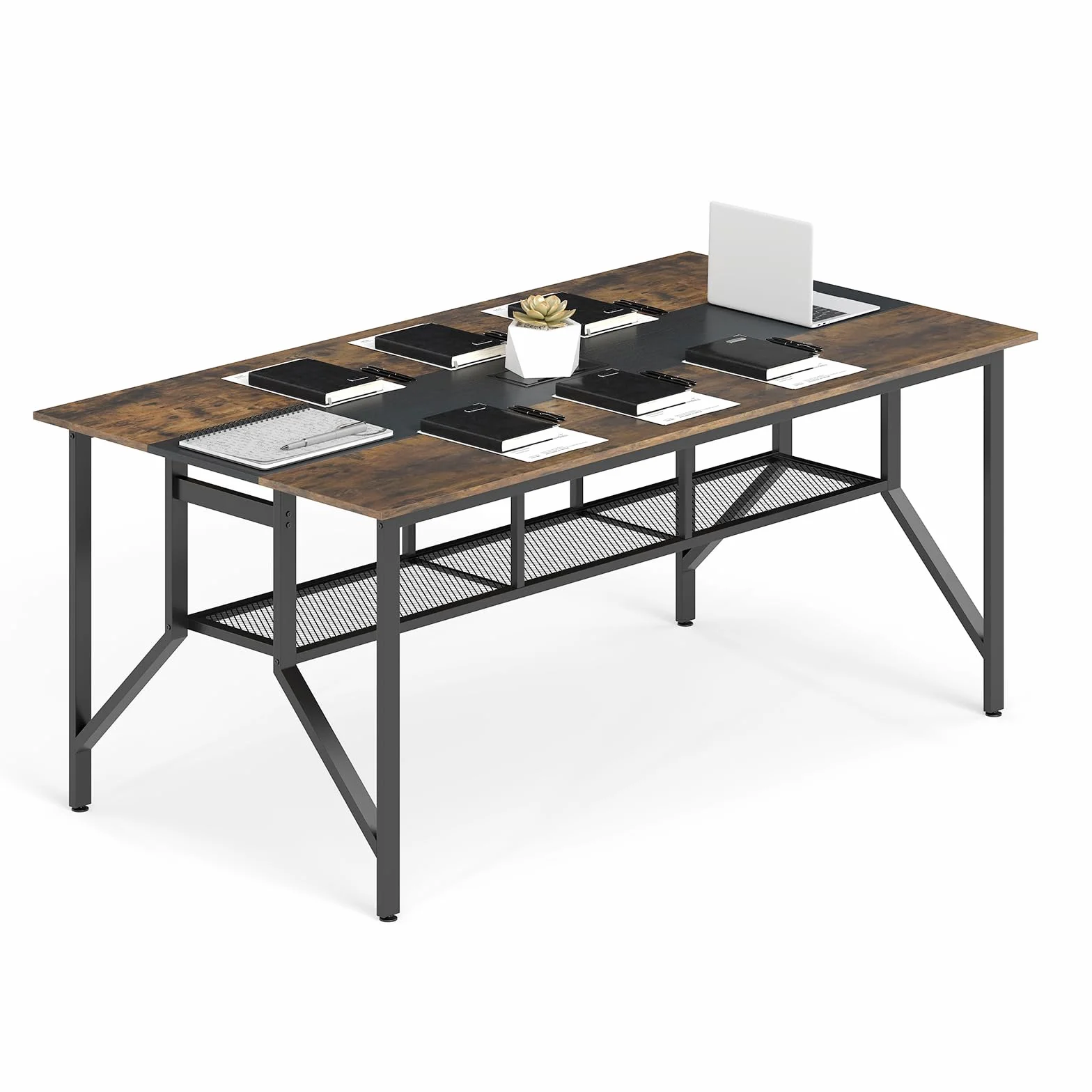 GIANTEX Mesa de Conferencia Rectangular, Mesa de Reuniones Grande con Pasacables y Estante de Almacenamiento, Estructura de Metal, 180 x 96 x 76 cm, para Oficina, Casa