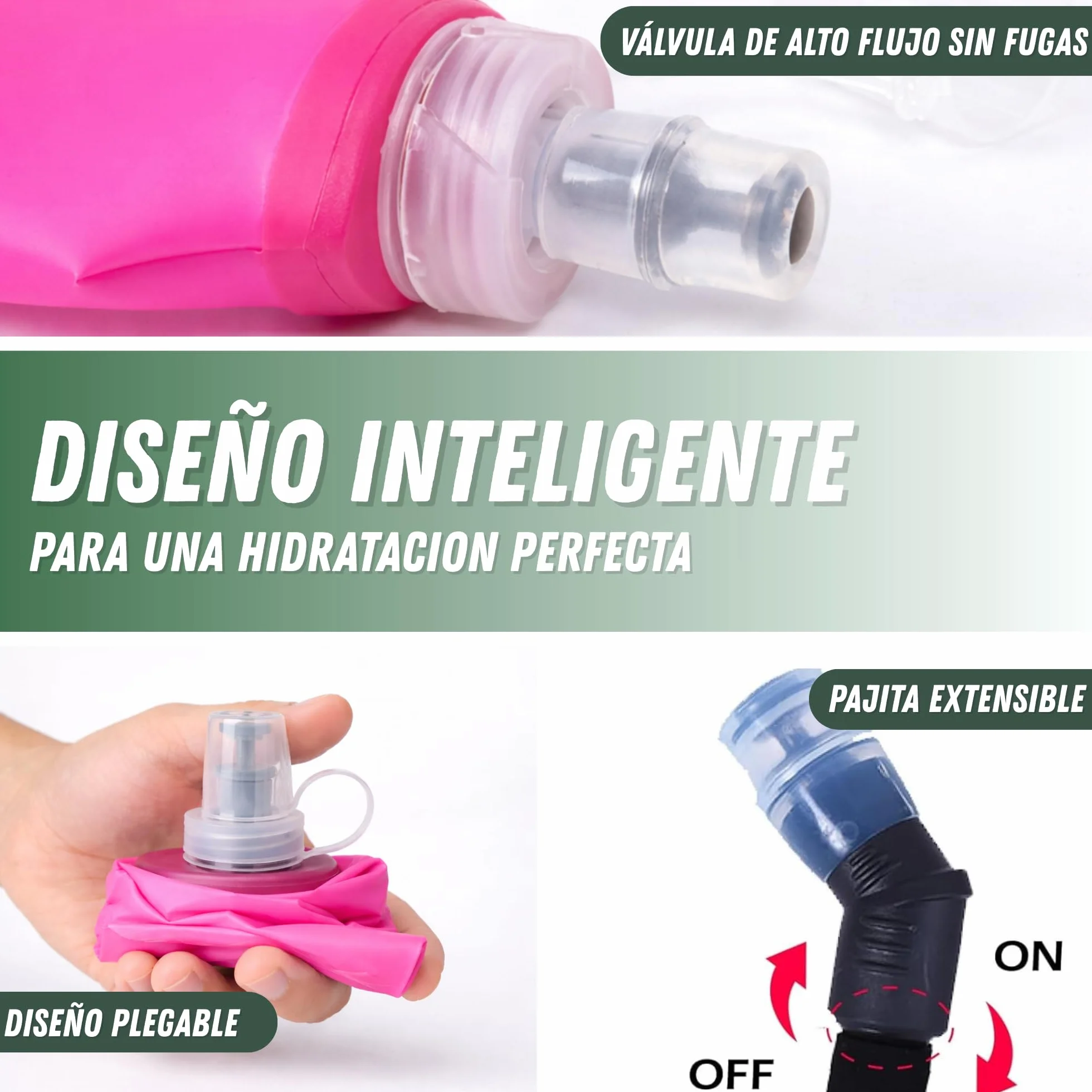 Soft Flask 500ml Pack de 2 con Pajita Extensible, Botellas Flexibles para Trail Running, TPU Sin BPA (Rosa)