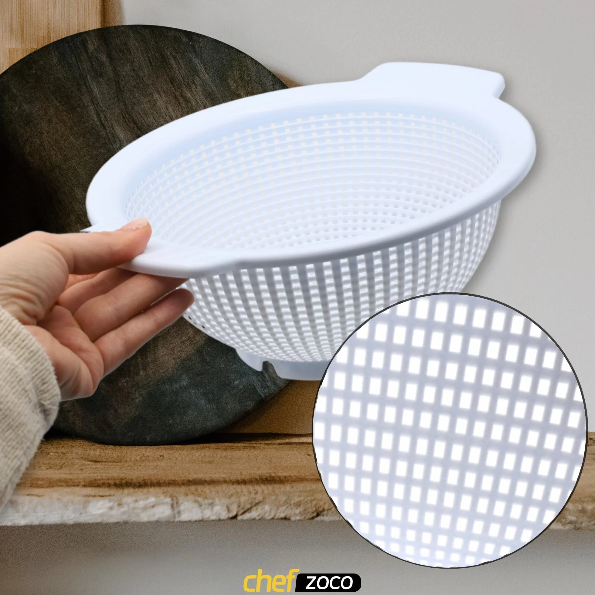 CHEFZOCO Escurridor de plástico, Colador de cocina, Colador multiusos, escurridor pasta, escurridor para frutas y verduras, Diámetro superior 23 cm, Libre de BPA, Capacidad 4 Litros, Plástico, Blanco