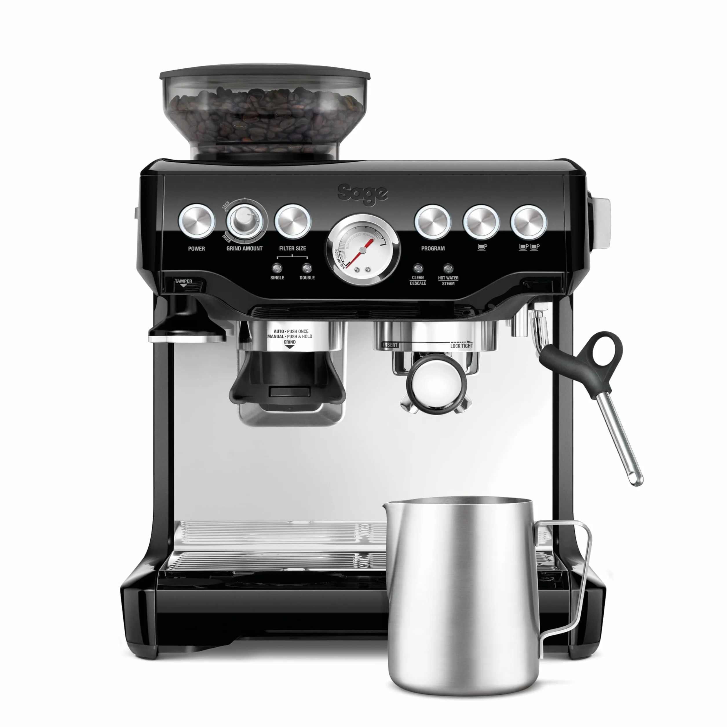 Sage - The Barista Express - Cafetera Profesional con Espumador de Leche Manual y Molinillo Integrado - Microespuma Personalizable - Sésamo Negro, Jarra de Leche