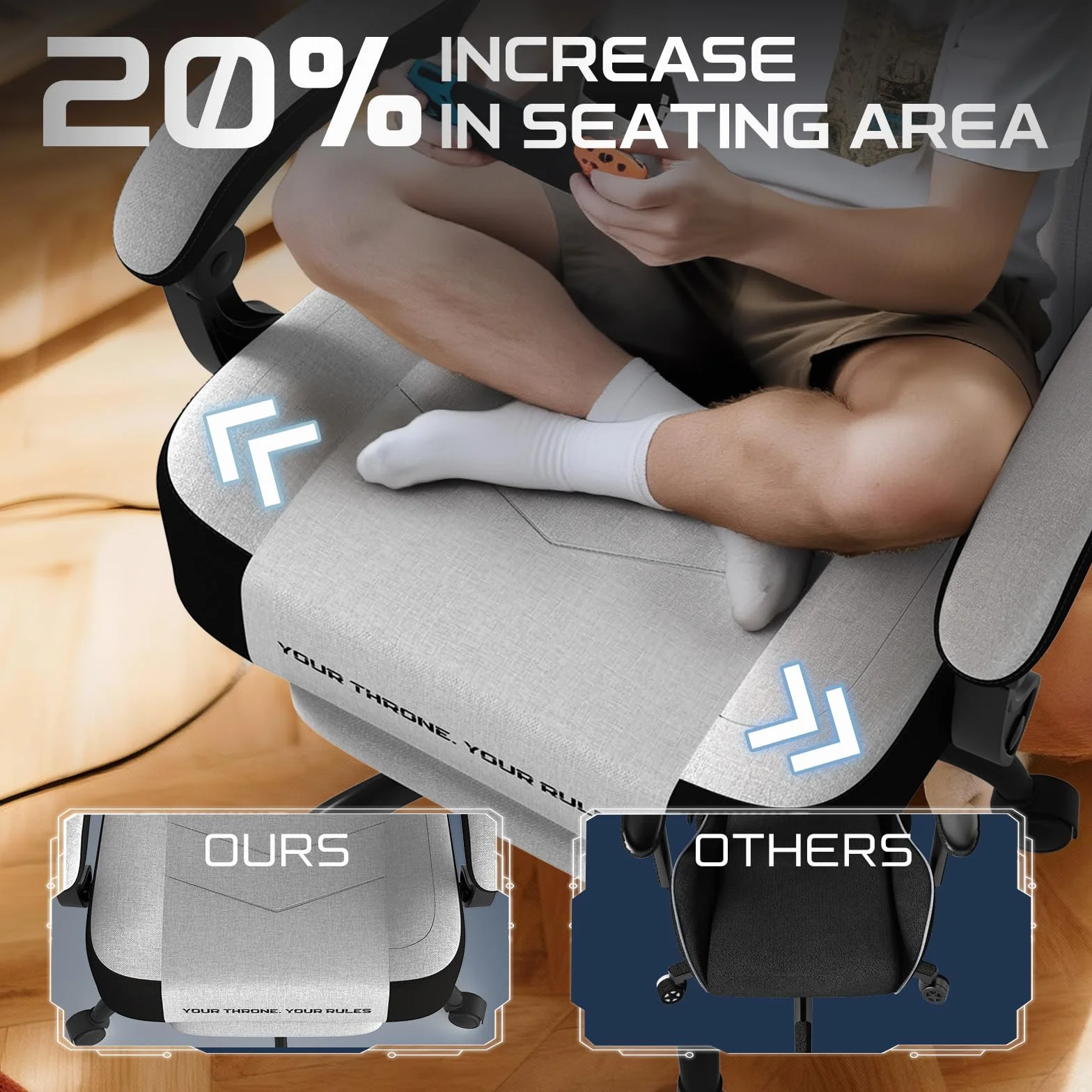 Verdego Silla Gaming, Silla Gamer Ergonómica con Masajeador Cojín Lumbar, Reposapiés Retractable y Reposacabezas, Tela de Poliéster, Reclinable 90-135°, Altura Regulable, Sillas Gaming, Blanco