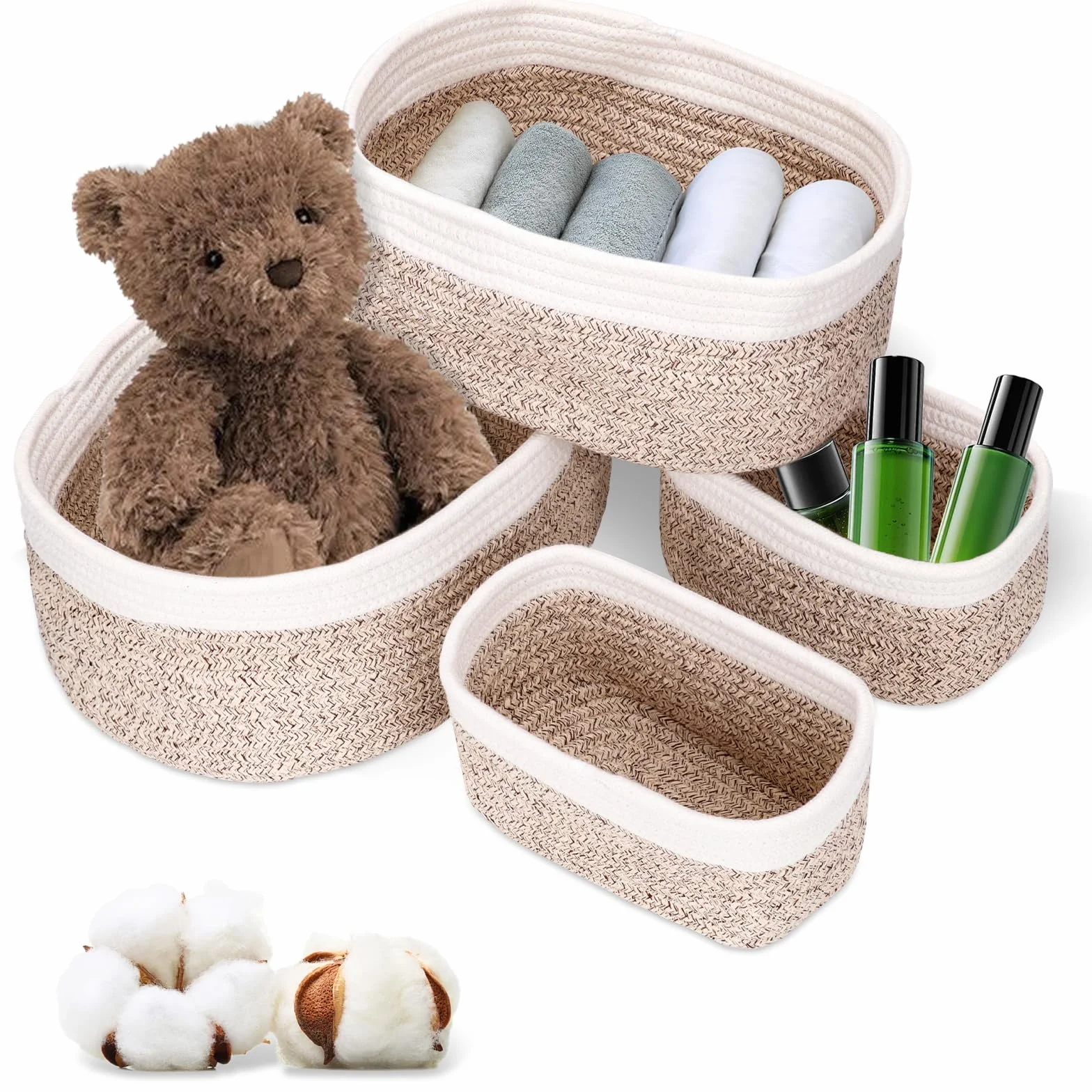 Juego de 4 Cestas Organizador de Cuerda de Algodón Apilables para Baño, Habitación Infantil y Decoración