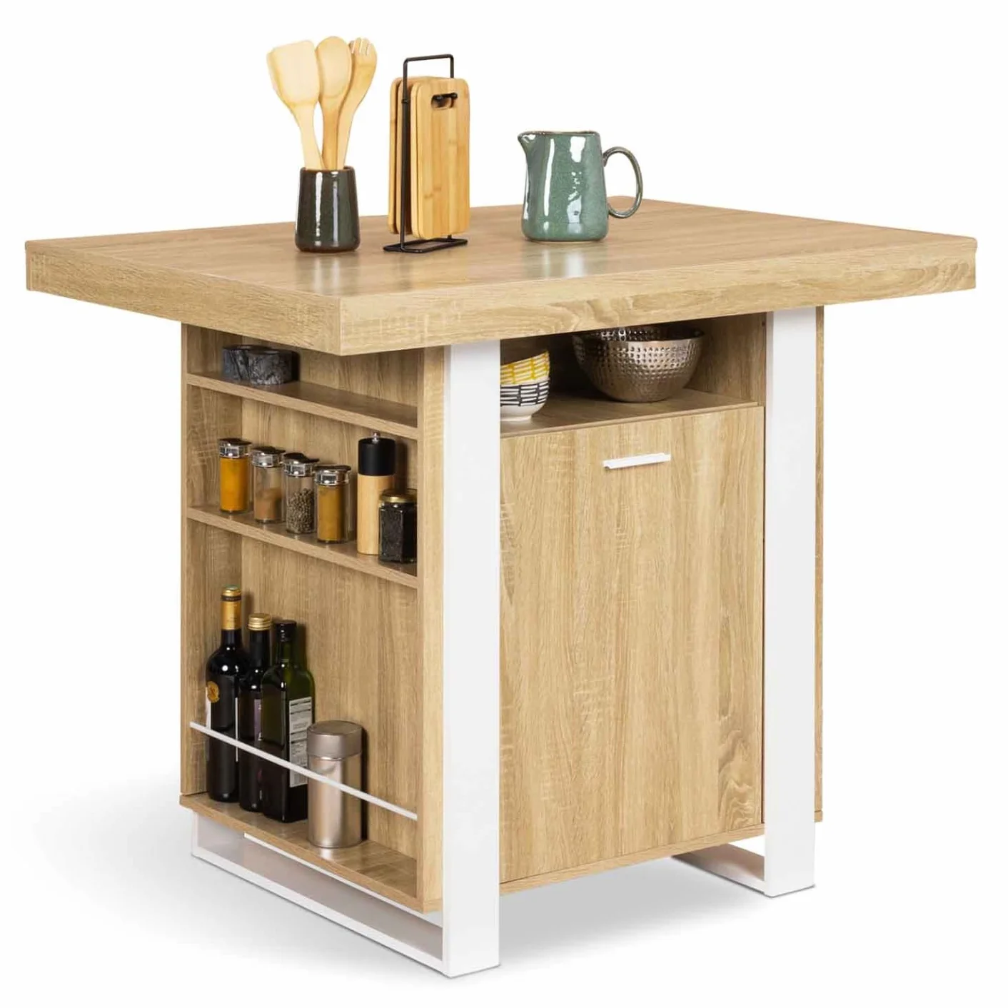 IDMarket - Ilot Central Phoenix 110 cm Madera y Blanco con almacenamiento