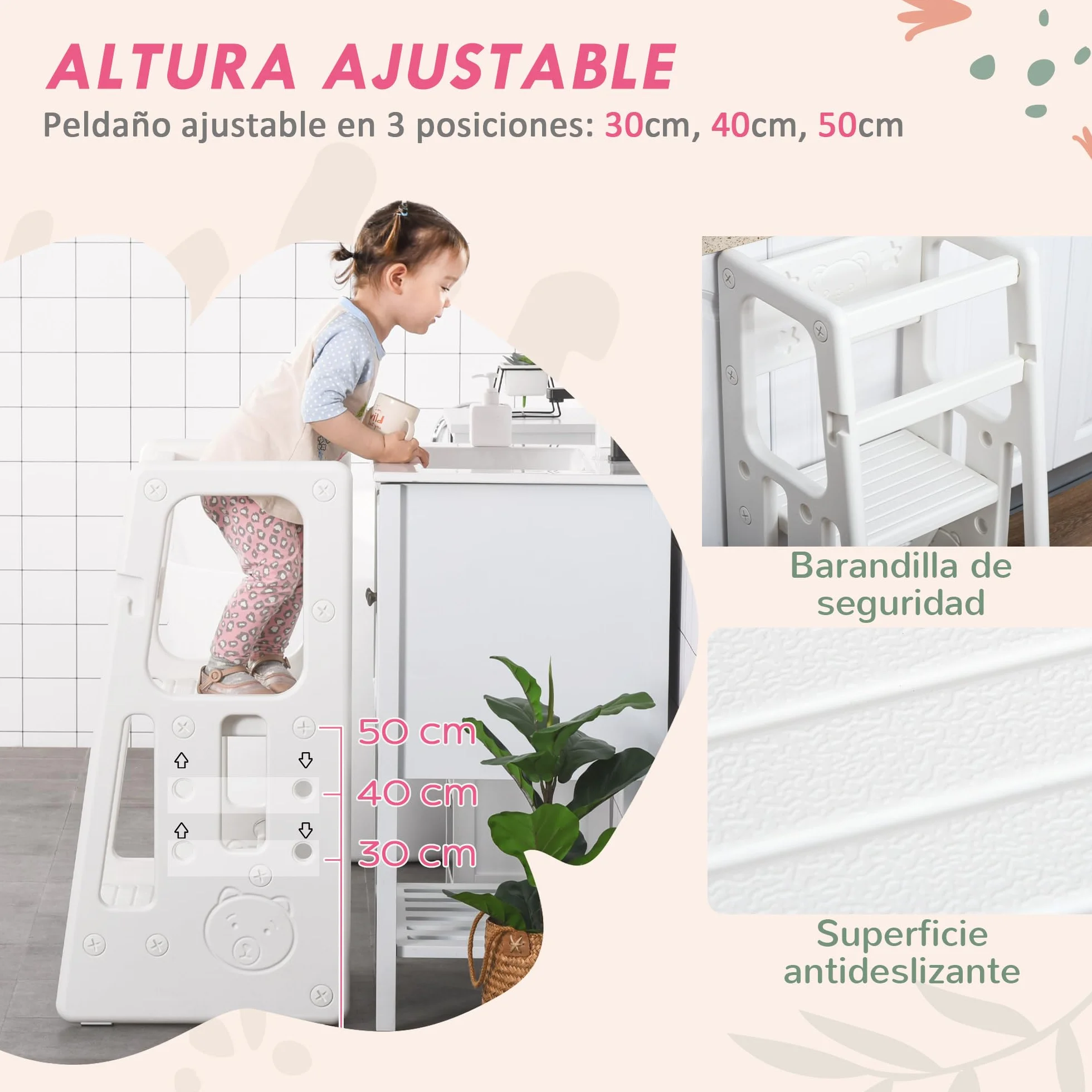 HOMCOM Torre de Aprendizaje para Niños Taburete Infantil Altura Ajustable 3 Posiciones Plataforma Antideslizante 47x47x90 cm Blanco