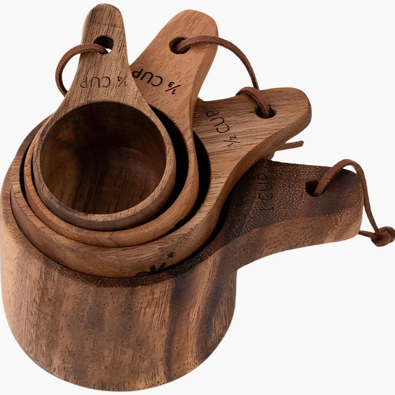 Juego de 4 tazas medidoras de madera, hechas de madera de nogal sudamericano, grabadas para hornear y cocinar, diseño de anidación