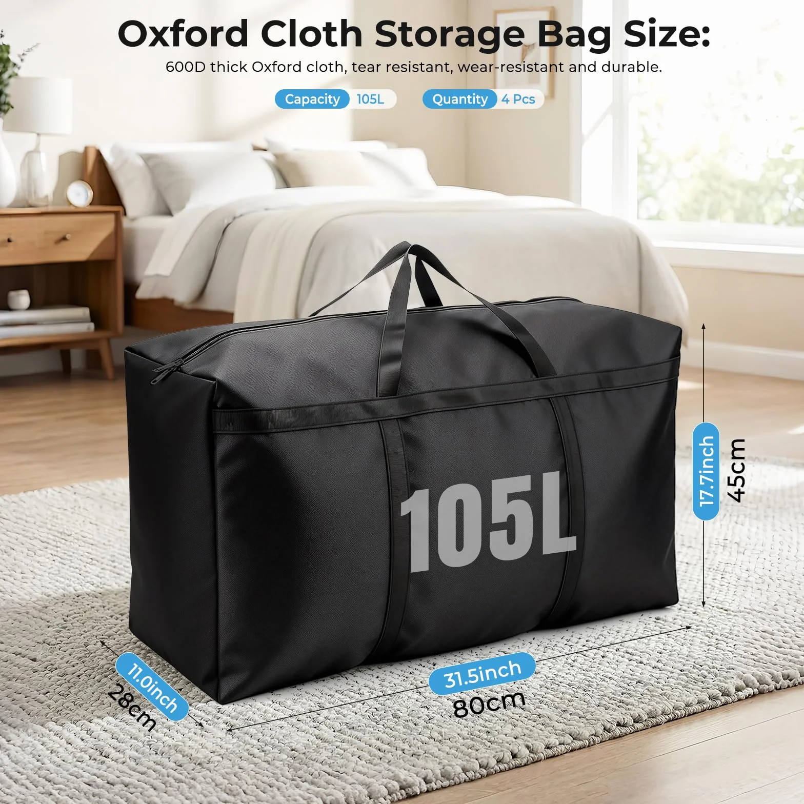 4 Piezas Bolsas de Almacenamiento Grandes de 105 Litros, 600D Oxford Bolsas de Mudanza Resistentes con Cremallera y Asa, Bolsa de Transporte Impermeable para Mudanzas, Edredones, Ropa de Cama, Negro