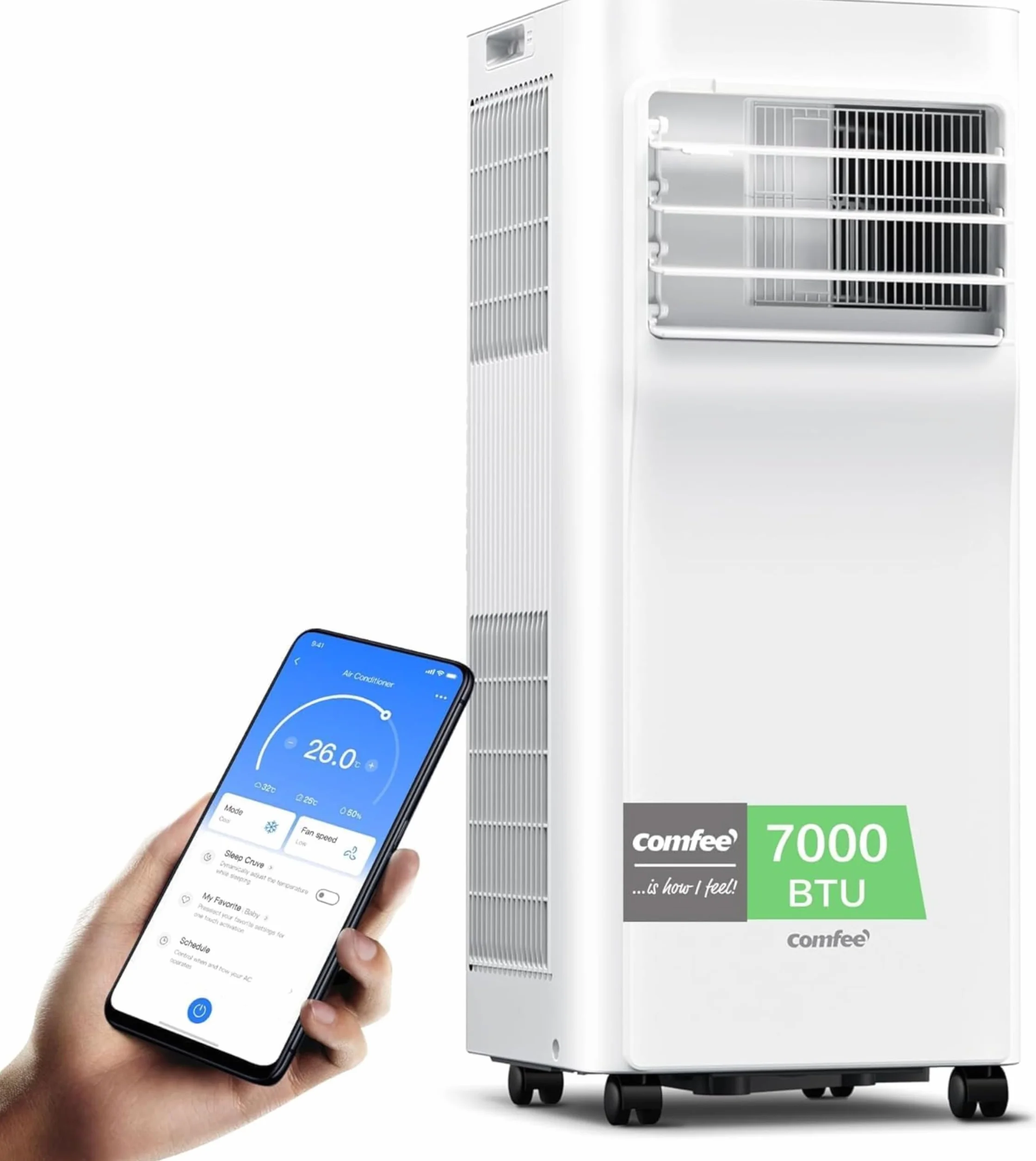 COMFEE Pingüino Aire Acondicionado Portátil 3 en 1 | 7000 BTU/1800 Frigorías Con App + Mando a Distancia | Climatizador y Deshumidificador | Bajo Consumo | Función Follow Me | Incluye kit de ventana