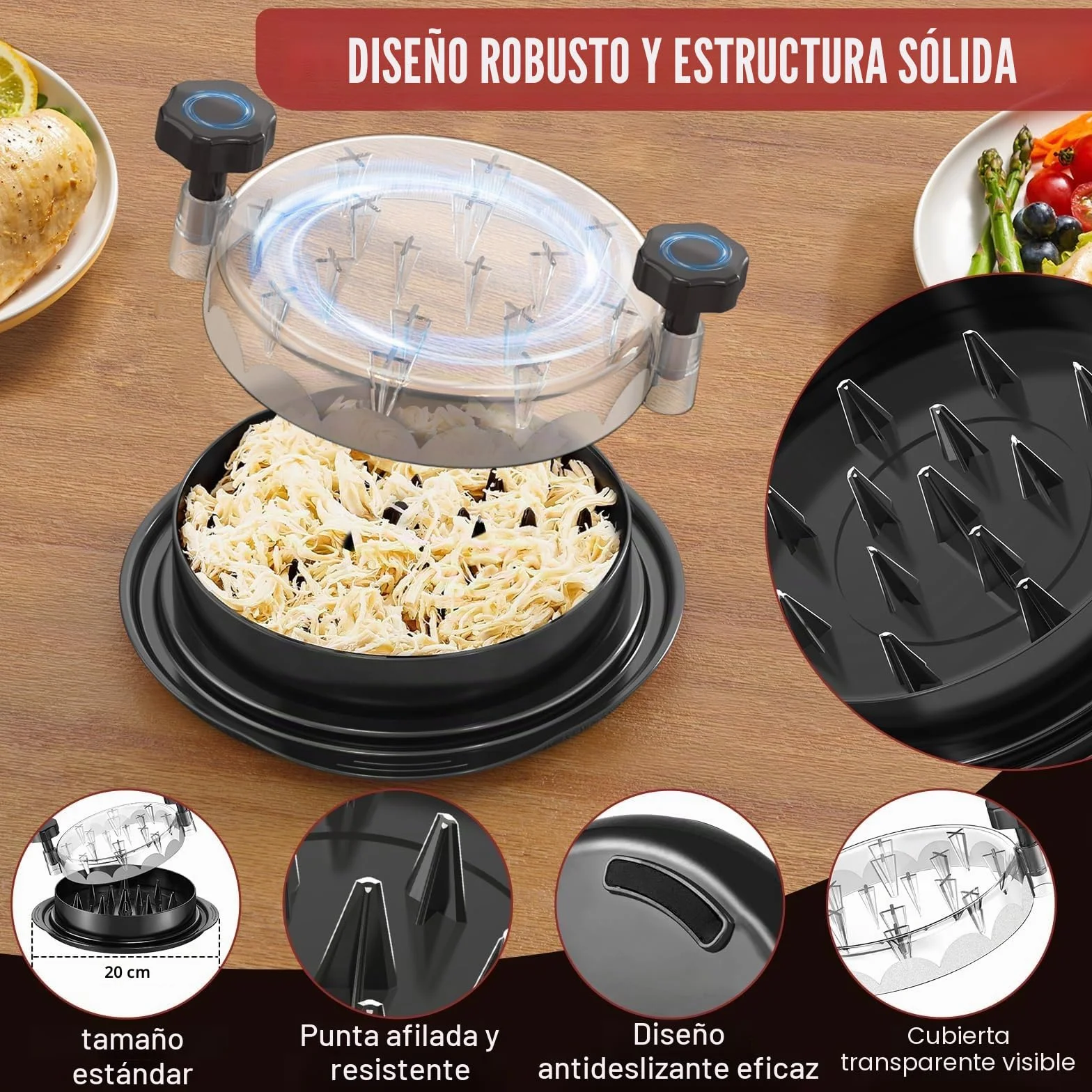 Desmenuzador de Carne Manual,Trituradora de Pollo y Cerdo con transparente Asas y Base Antideslizante,trituradora de alimentos,Lavable en Lavavajillas,Ideal para Ensaladas y Pulled Pork (Negro,20cm)