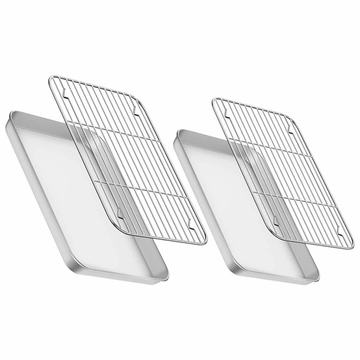 HOMSFOU Juegos de Bandejas para Hornear con Rejilla para Enfriar de Acero Inoxidable, Tamaño Compacto 23.5x17.5x2.5 Cm y 26.5x20.5x2.5 Cm, 2 Sets para Repostería y Asado en Horno