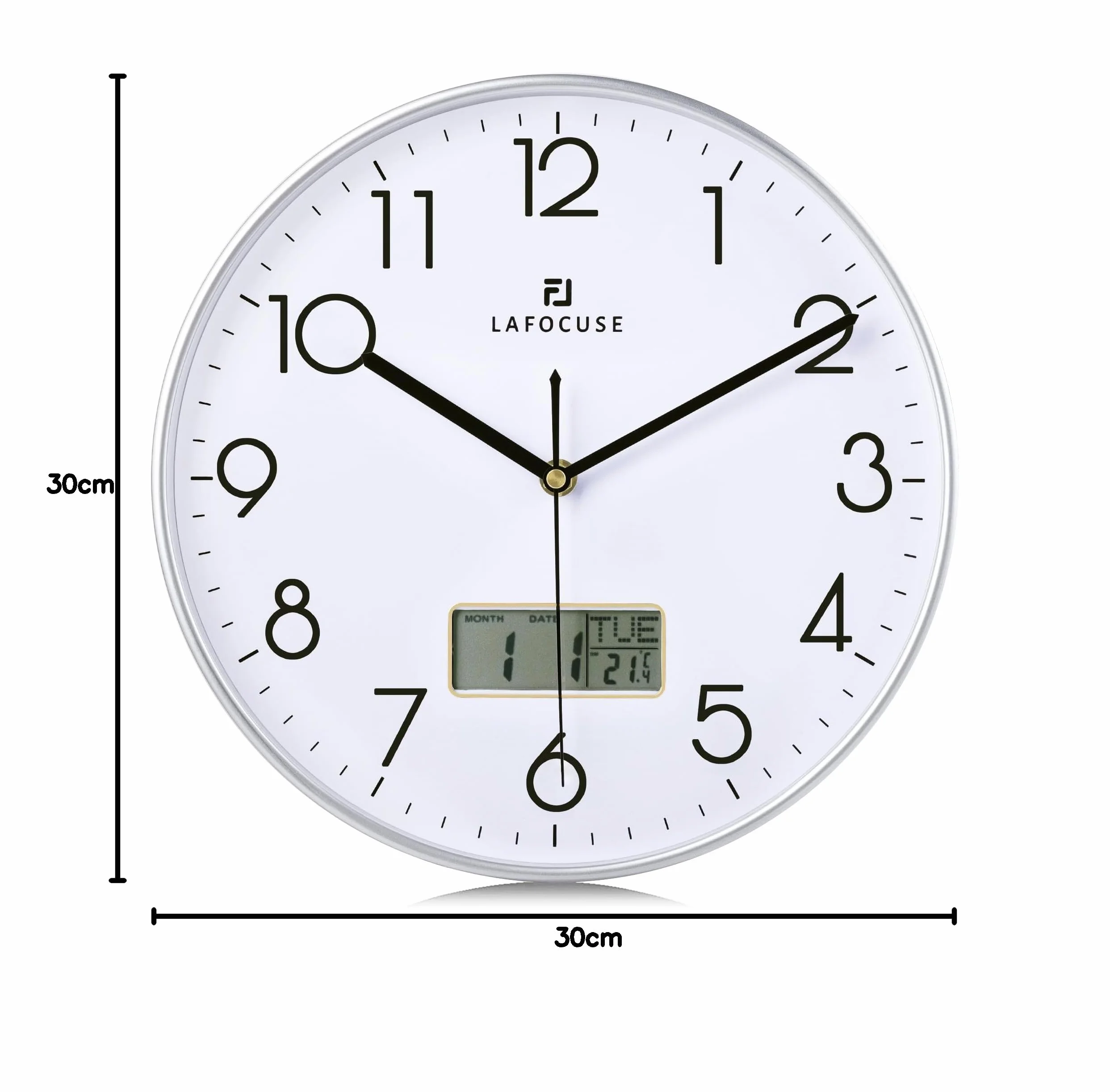 Lafocuse 30cm Reloj de Pared Calendario con Fecha y Termometro Digital LCD, Silencioso Moderno Plateado Reloj Cocina Pared, Fácil de Leer sin Tictac para Salon Dormitorio Oficina