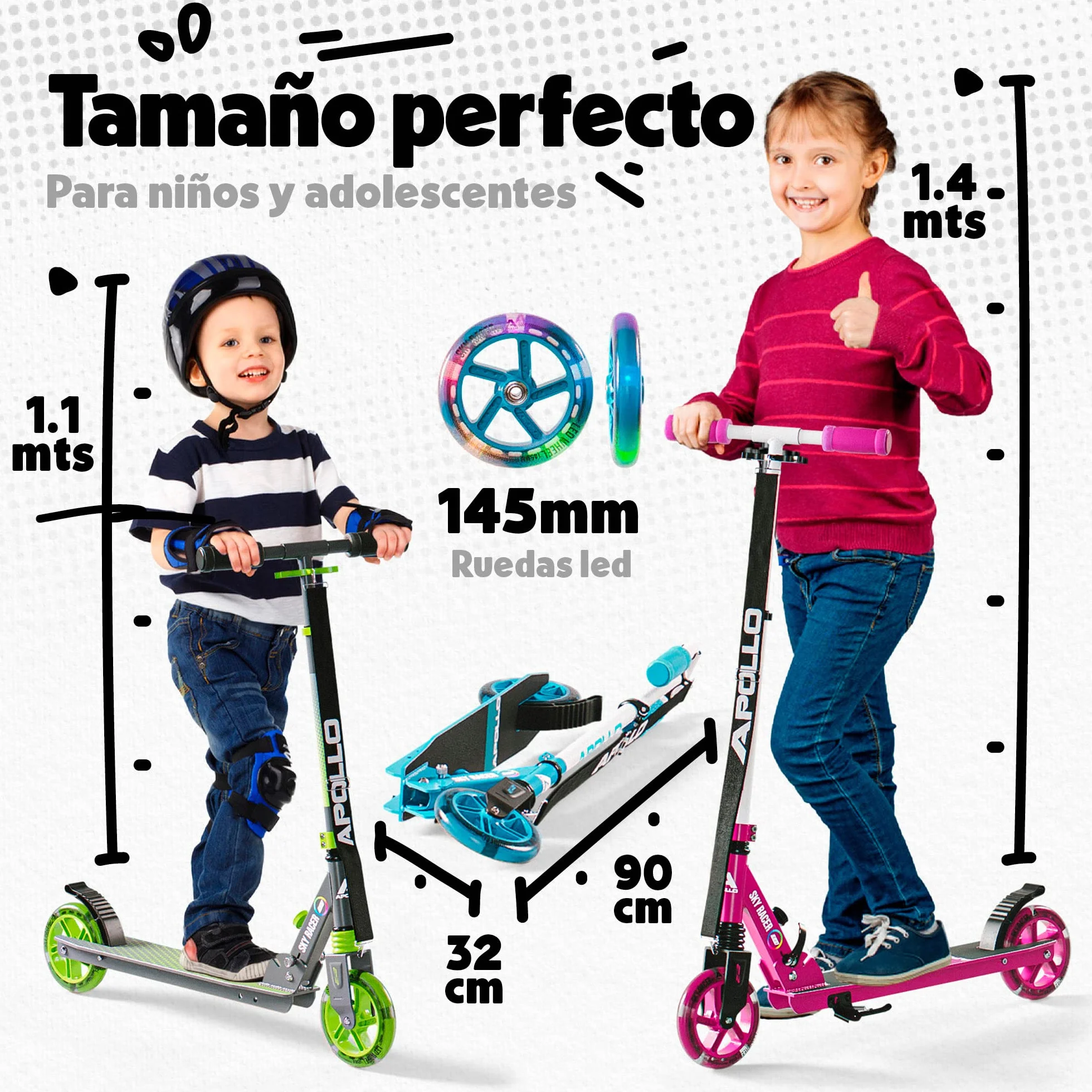 Apollo Skyracer Patinete Niño Ruedas LED 145 mm Suspensión Plegable Regulable Altura