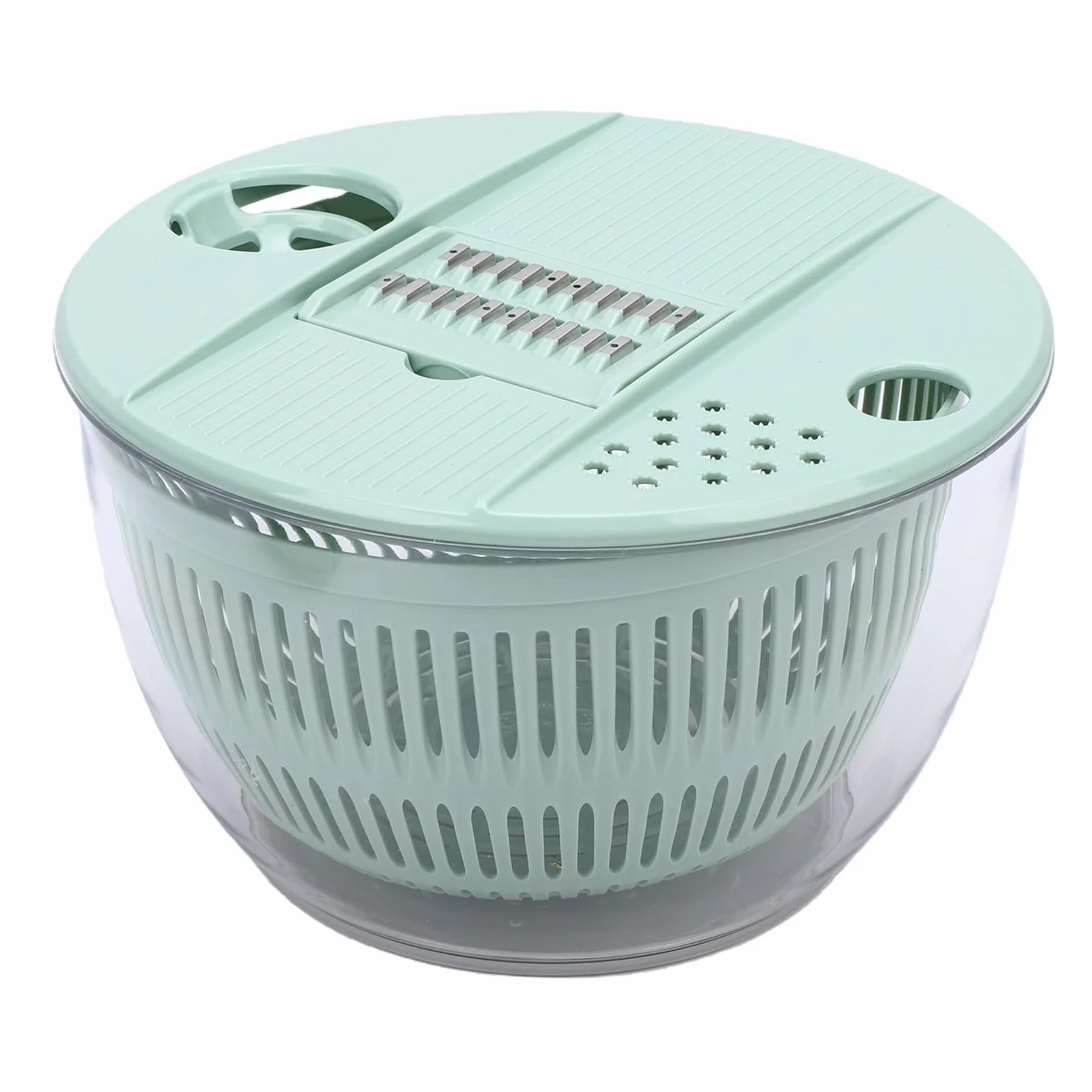 Cryfokt Ensalada Spinner, 5 Cuchillas Intercambiables de Acero Inoxidable Lechuga Spinner Lavadora de Frutas con Colador Rebanador Rallador para Lavar Secar Rebanar Escurrir Ensalada Frutas Verduras