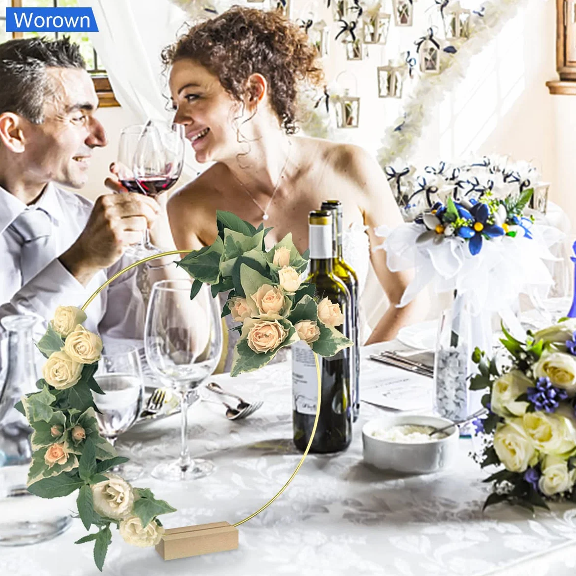 Worown 6 Piezas Aros de Metal 20cm, Anillo Metalicos Oro con 6 Soportes de Madera Natural, Aros para Centro de Mesa pare Bodas, Fiestas, Banquetes, Eventos