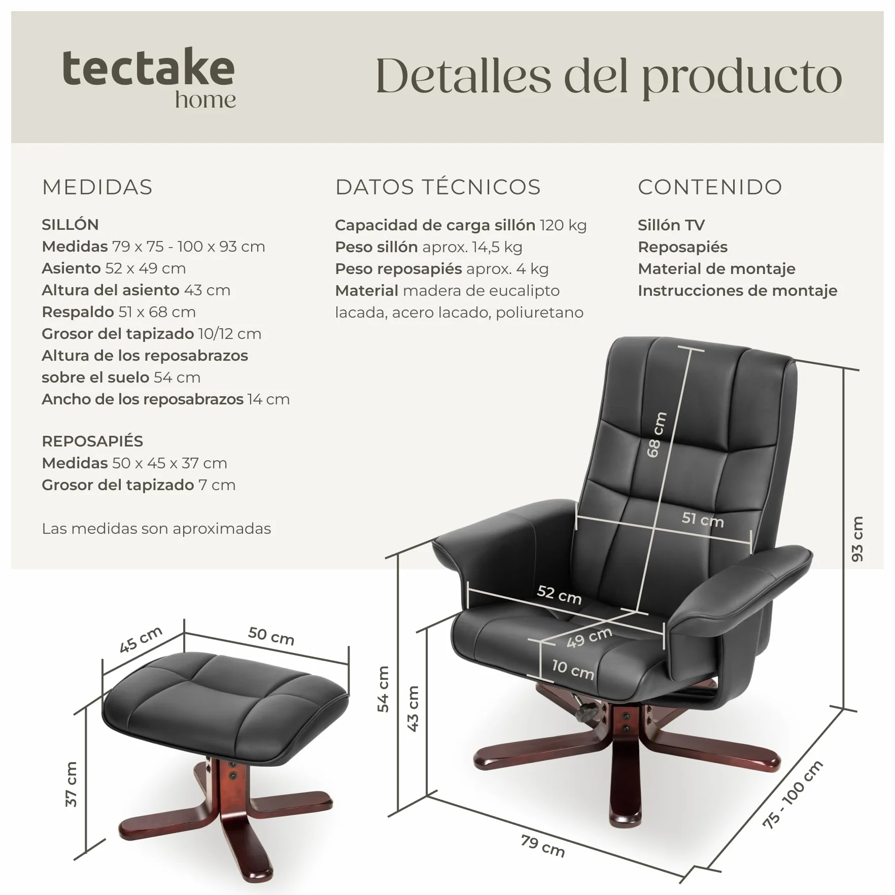 tectake® sillón Relax reclinable con Taburete, Respaldo oscilante y 360° Giratorio, cómodo Acolchado con Funda de Cuero sintético, Ideal para salón, Dormitorio o Lectura - Negro/Marrón