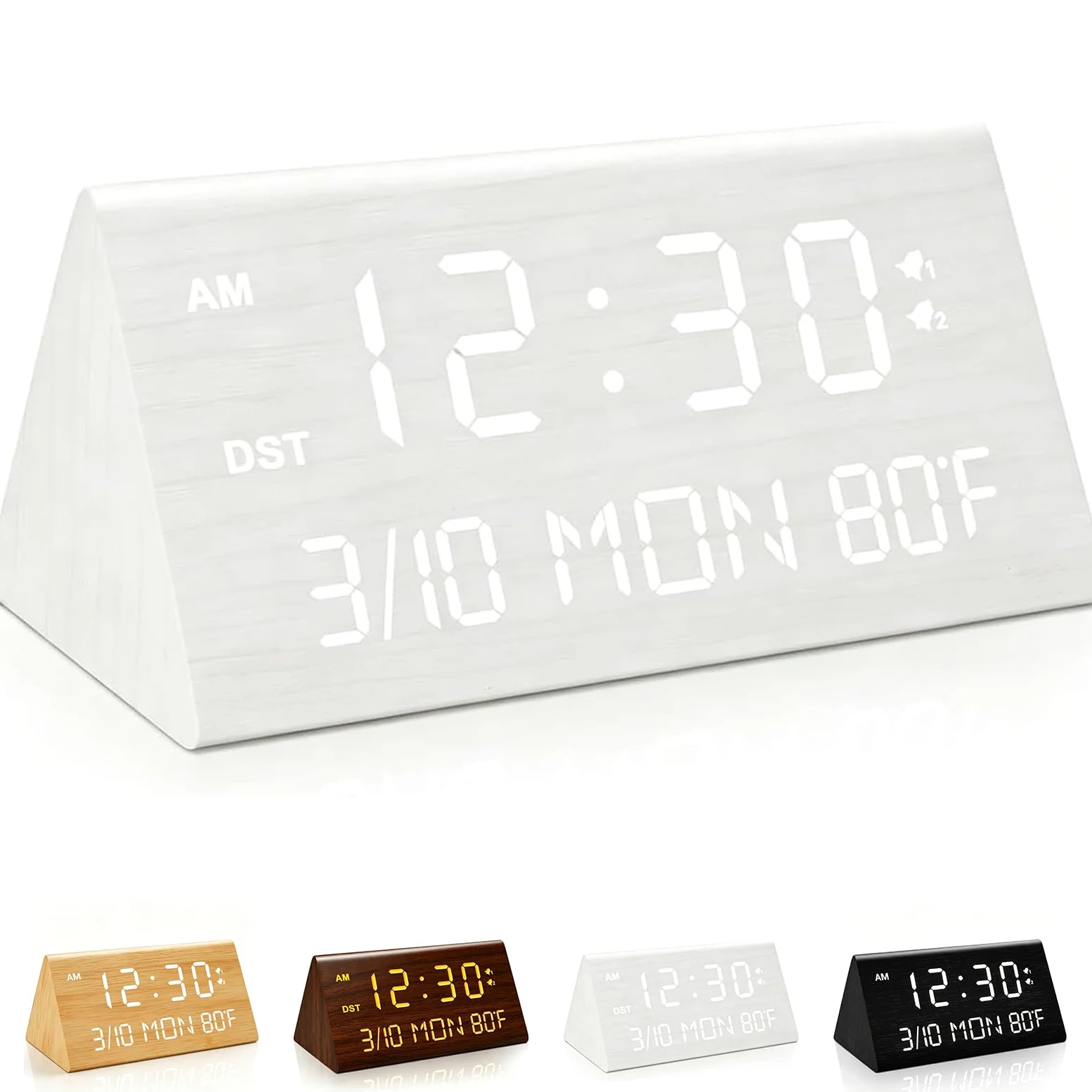 Kogonee Reloj despertador digital de madera, 0100% de brillo y volumen, detección de temperatura, fecha, modo de día de semanafin de semana, doble alarma, 9 minutos de repetición, 1224H, reloj LED