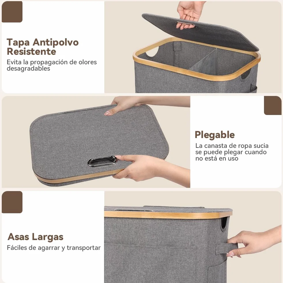 OUSFOT Cesto Ropa Sucia con Tapa 70L, Cubo 2 Compartimentos, Laundry Basket Impermeable para Armario