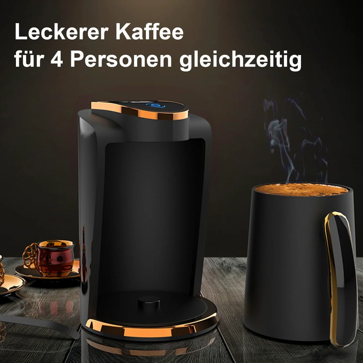 İnca Cafetera turca IKM-01 Serie Wonder, cafetera turca con cuchara dosificadora para 4 tazas (fincan) al mismo tiempo, alto rendimiento en un elegante diseño negro y oro rosa