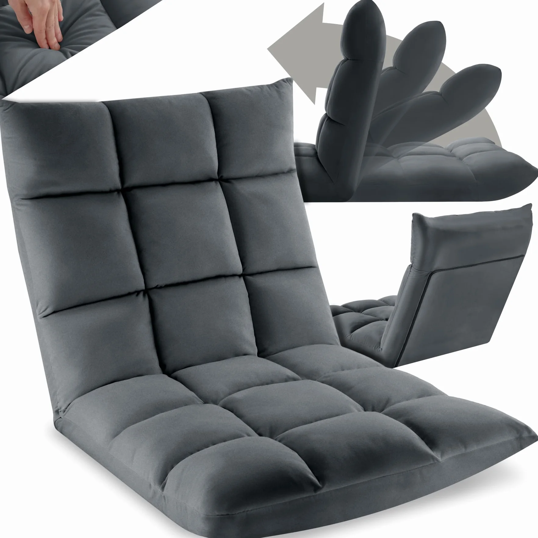 tectake® Sillon Plegable Lectura, Silla de Suelo Ajustable para Tatami, Terciopelo, Respaldo Flexible en 14 Posiciones, Sofa Suelo de Estructura de Acero, Silla Yoga, cómodo cojin de Suelo - Gris