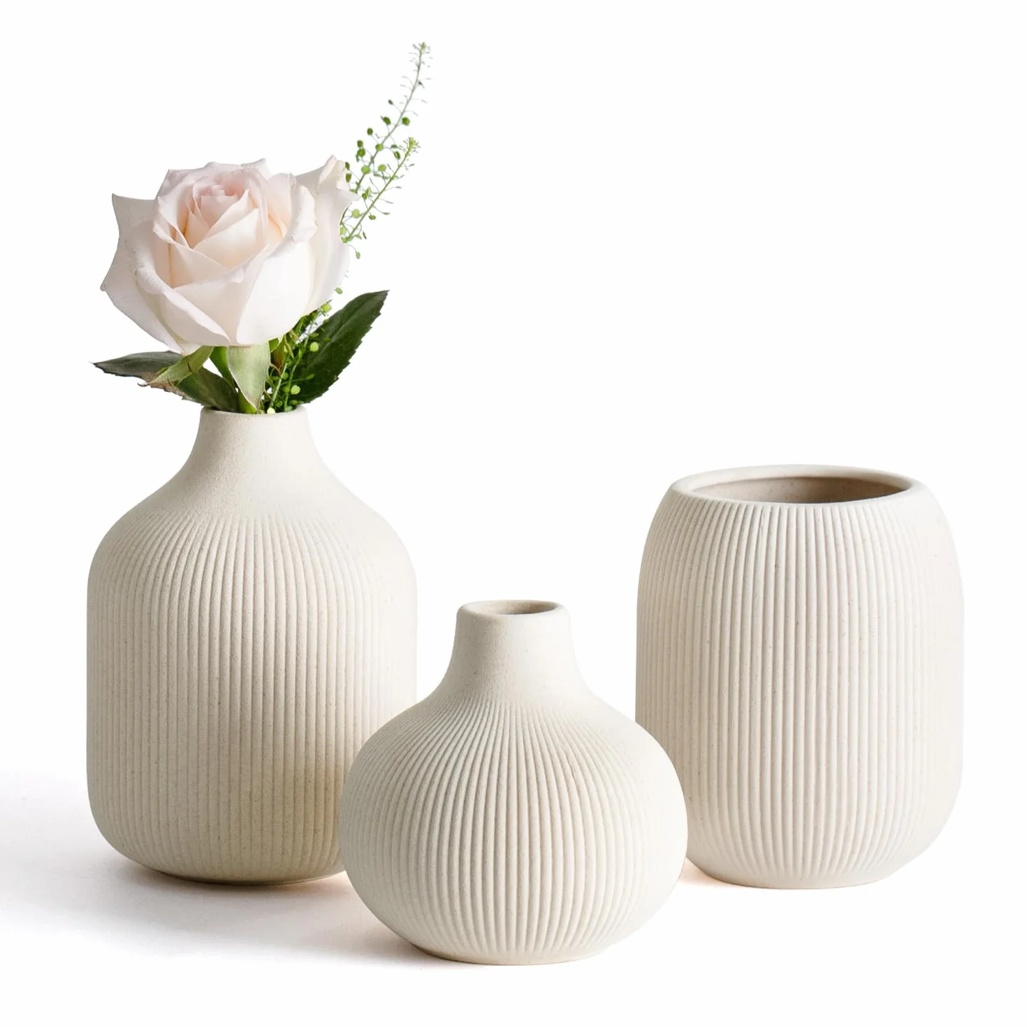 Dnnnii Juego de 3 jarrones de cerámica Beige Modernos de Textura Acanalada, decoración Neutra y de transición del hogar, colección de jarrones Minimalistas Decorativos, pequeños