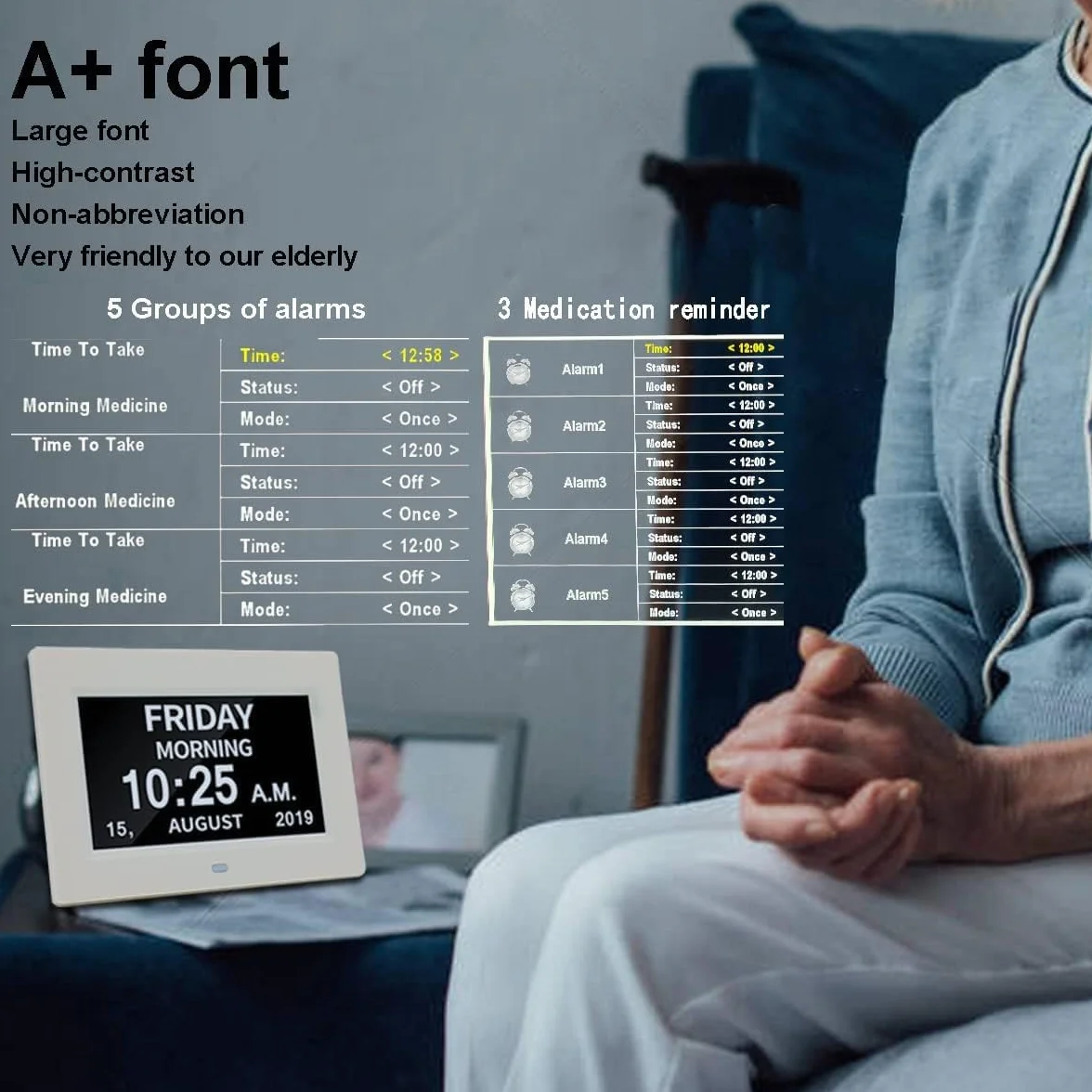 Despertador digital de 7 pulgadas con ajuste automático de brillo, pantalla LCD silenciosa, despertador con humedad y temperatura, para adultos y niños y enfermedad de Alzheimer (blanco)