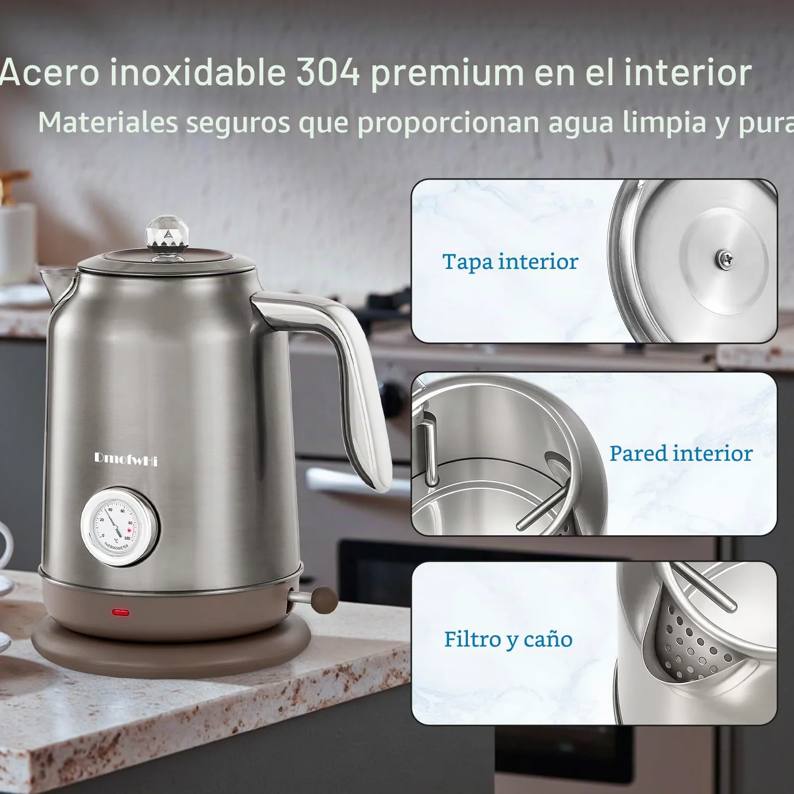 DmofwHi Hervidor de Agua Eléctrico de 1,7 Litros - Tetera Electrica con Termómetro e Indicador de Temperatura - Apagado Auto & Protección Ebullición Seca - Para Café, Té y Familia (Cromo)