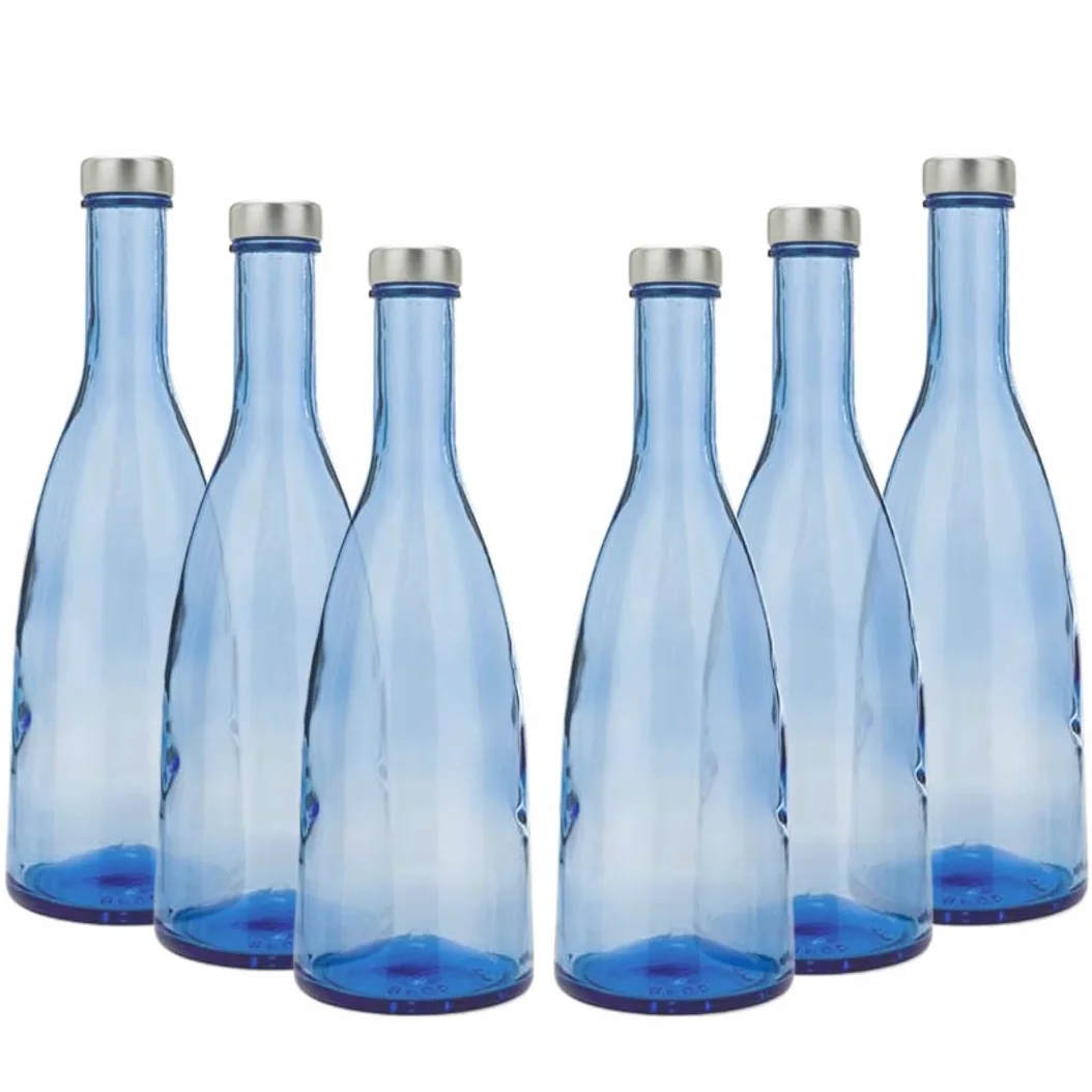 Juego de 6 botellas de cristal azul modelo Conviva, 750 ml, tapón de rosca color plata | Botella de cristal de agua solarizada