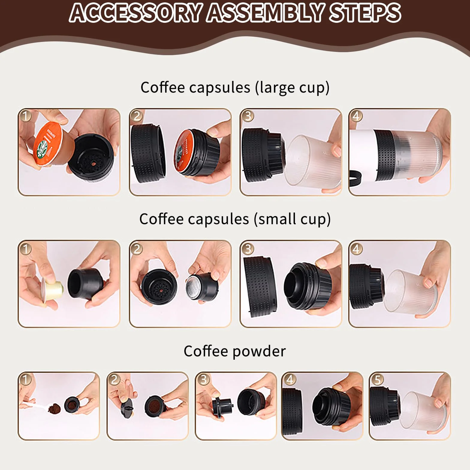 PZCC Cafetera Portatil, Cafetera Portátil Cápsula de Espresso 3 en 1, Autocalentamiento de 2a6 Minutos, Para Cápsulas Pequeñas o Grandes y Café Molido,Cafetera Portátil para Oficina y Hogar (Negro)