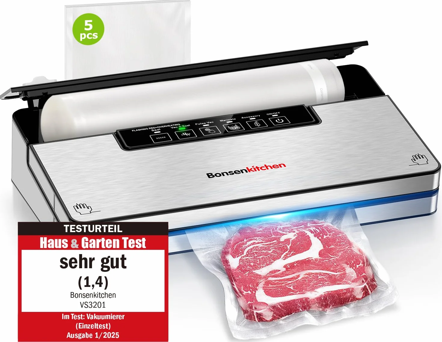 Bonsenkitchen Envasadora al Vacío, 5 Modos, Capacidad de Succión 8 L/min | 125W, Tecnología Globefish para Un Funcionamiento a Alta Velocidad, Incluye 5 bolsas precortadas, 1 rollo de bolsas al vacío