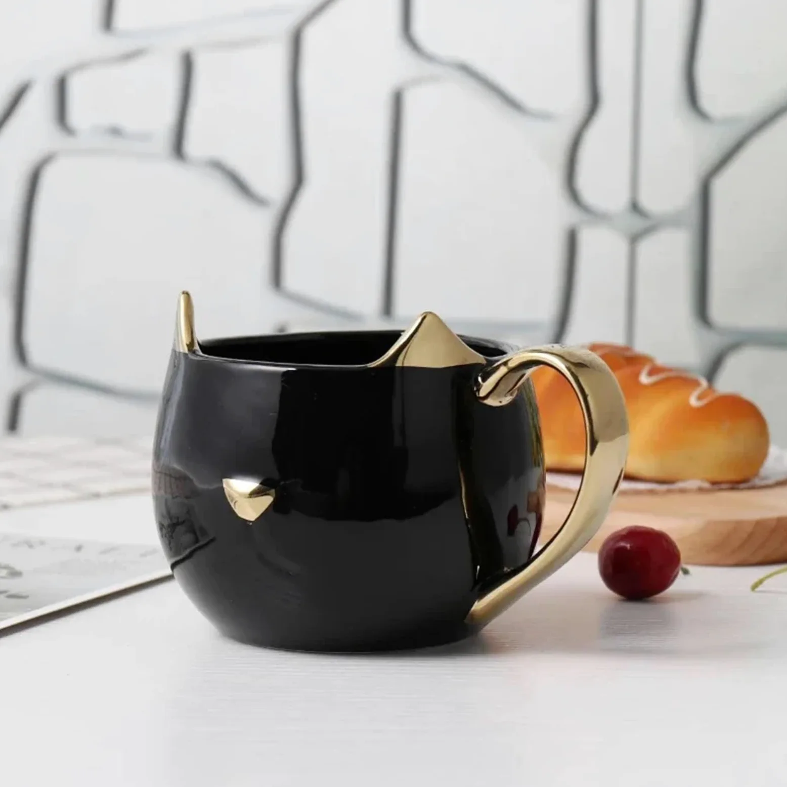 Taza de cerámica con orejas de gato, tazas de café chapadas en oro con asa, taza de avena y leche for desayuno, parejas Para Boda(Black)