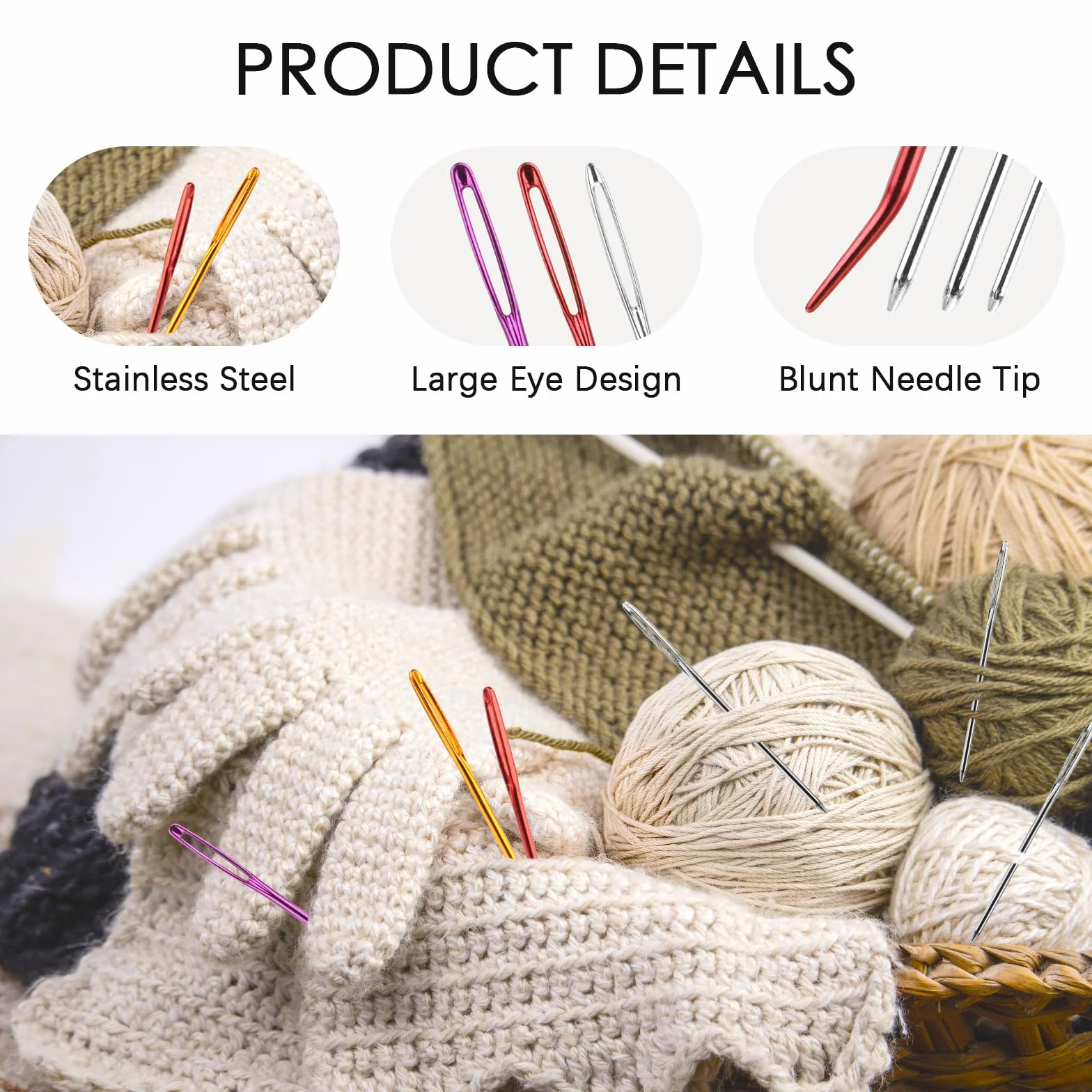 Juego de 16 agujas de ojo grande, agujas de tope para coser cuero, agujas de coser con punta redonda, 4 tamaños diferentes, agujas de coser metálicas para tapicería, lana, costura