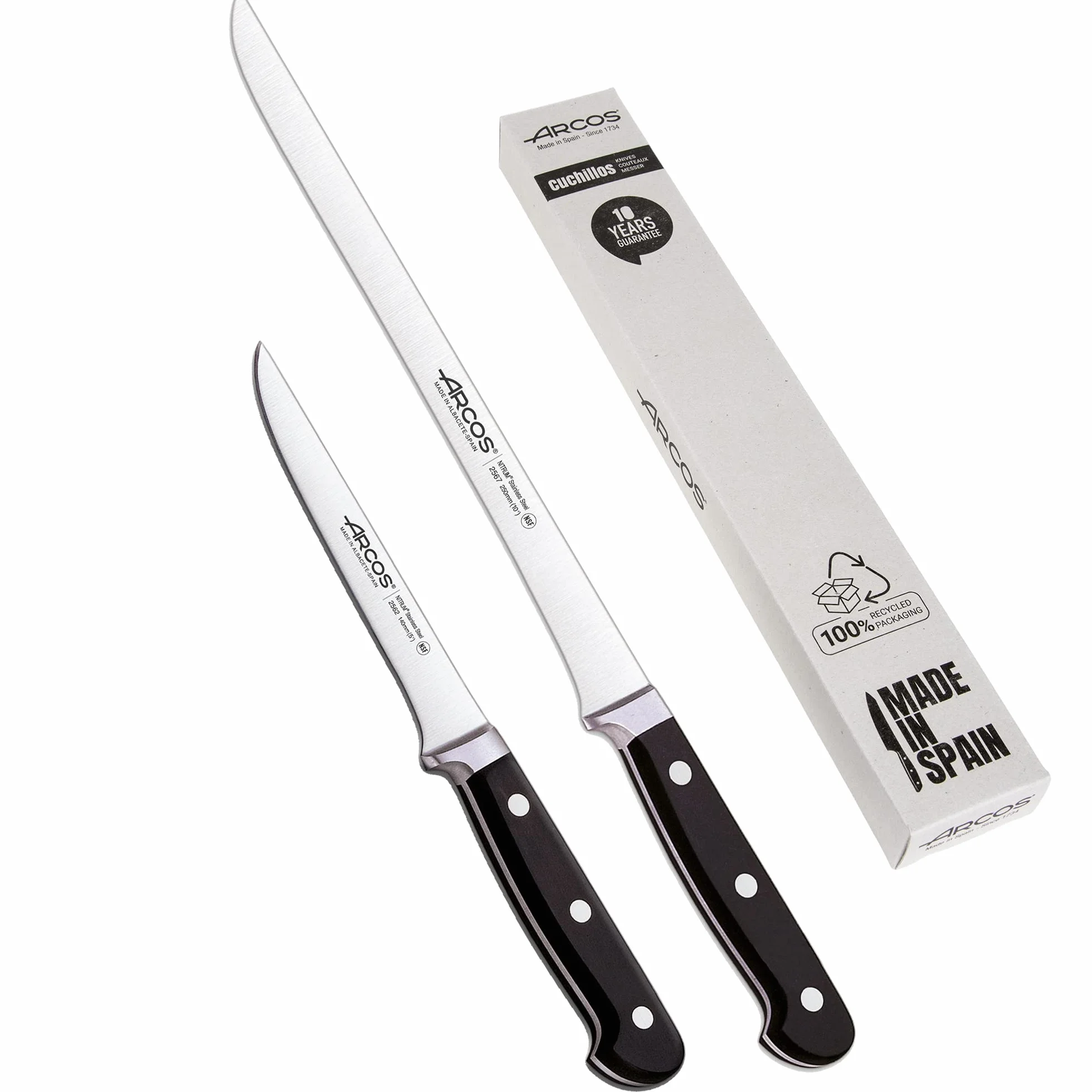 Arcos | Cuchillo Jamonero Cuchillo deshuesador | 2 Uds | Set cuchillos jamoneros 250 mm y cuchillo deshuesador (140 mm) jamonero profesional | cuchillo carnicero profesional | Eco