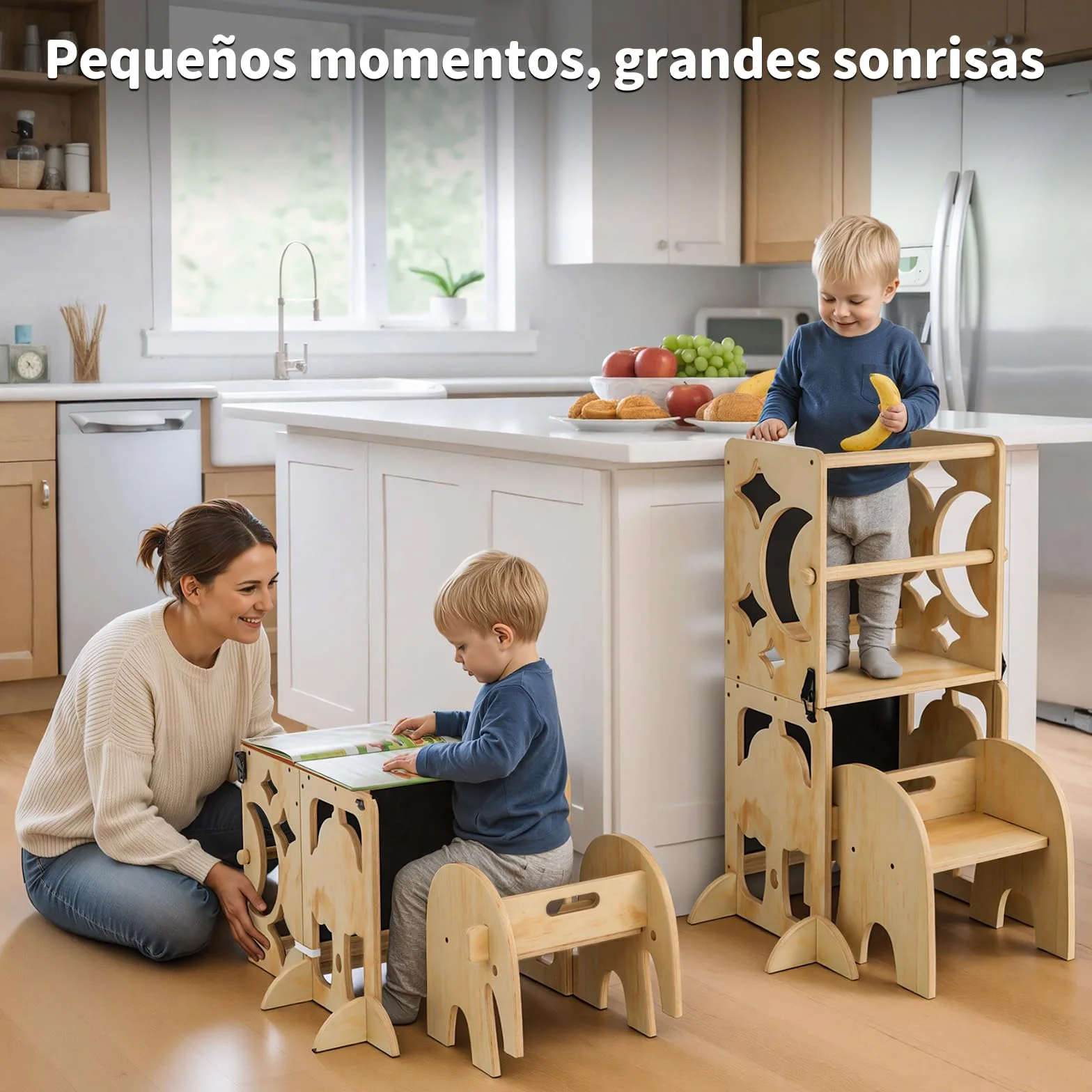 COSYLAND Torre de Aprendizaje Infantil 4 en 1 con Barandilla de Seguridad, Plegable, Doble Pizarra, Natural