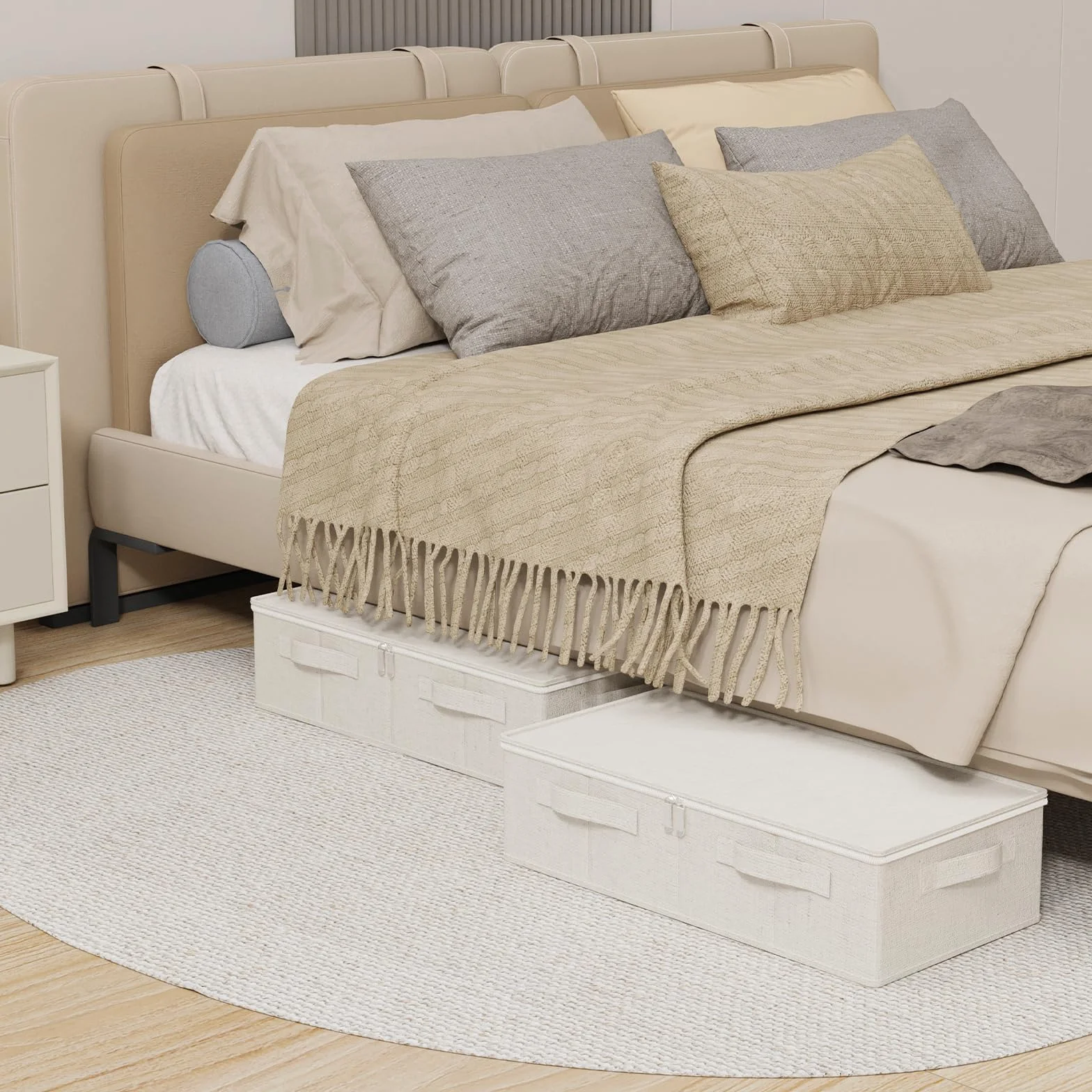 2 Piezas Cajas de Almacenamiento Plegable Bajo la Cama, Organizadora de Almacenamiento de Tejidos con Mango, Para Colchas, Ropa, Mantas y Zapatos, 60×30×15cm, Beige