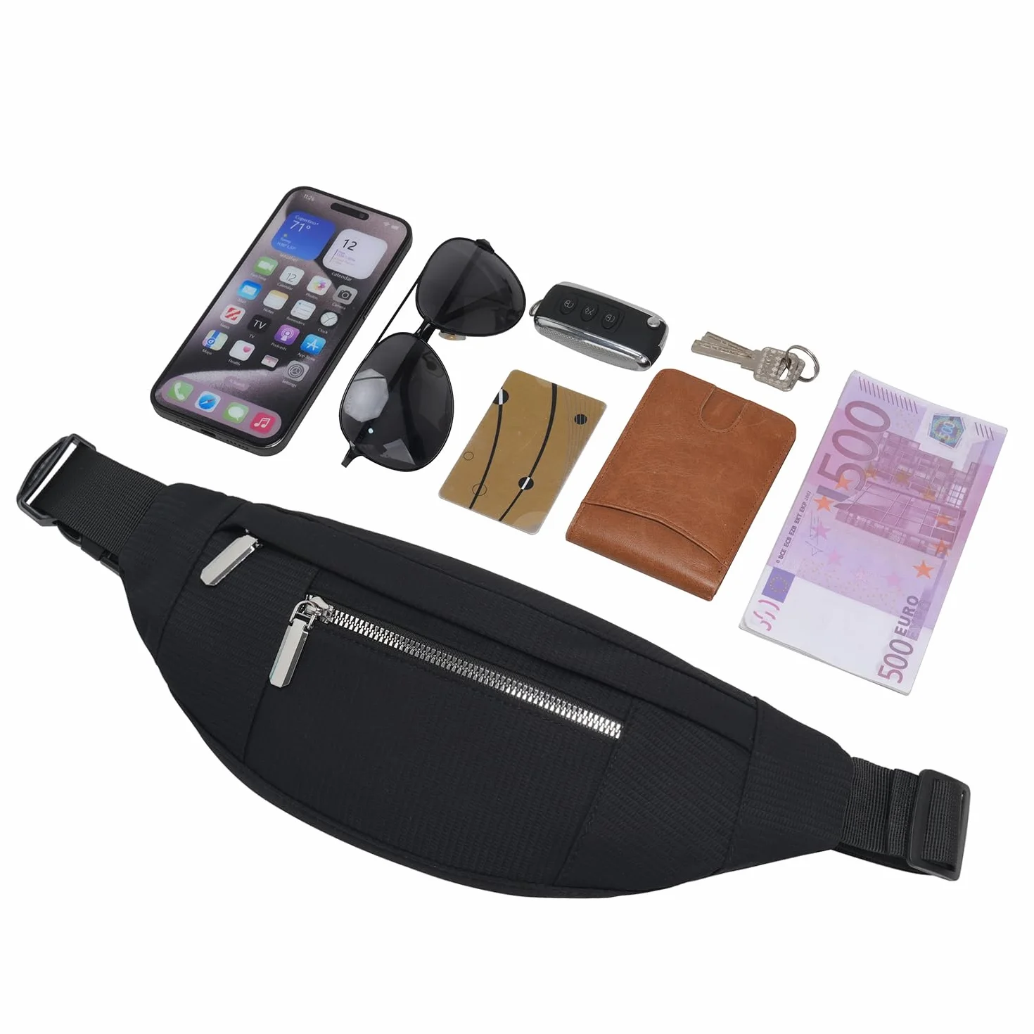 QUKUDS Riñonera Impermeable Mujer Hombre Bolso de Cintura Deportiva con Cinturón Ajustable Negro