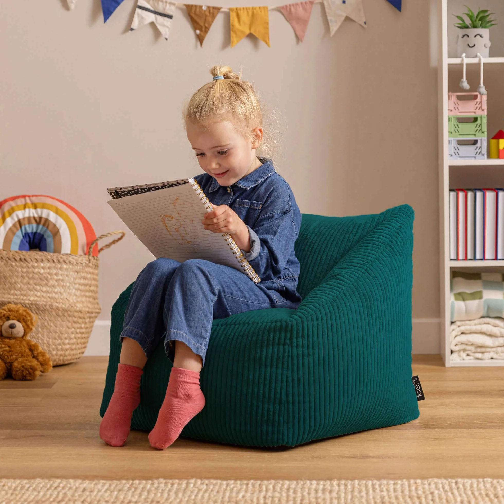 Icon Morgan Puff Infantil, Suaves y Cómodos Tela de Pana, Puff con Relleno Includio, Sillas Infantiles, Sillon Niños Infantil para Decoracion Habitacion Niña o Niño, Verde Azulado