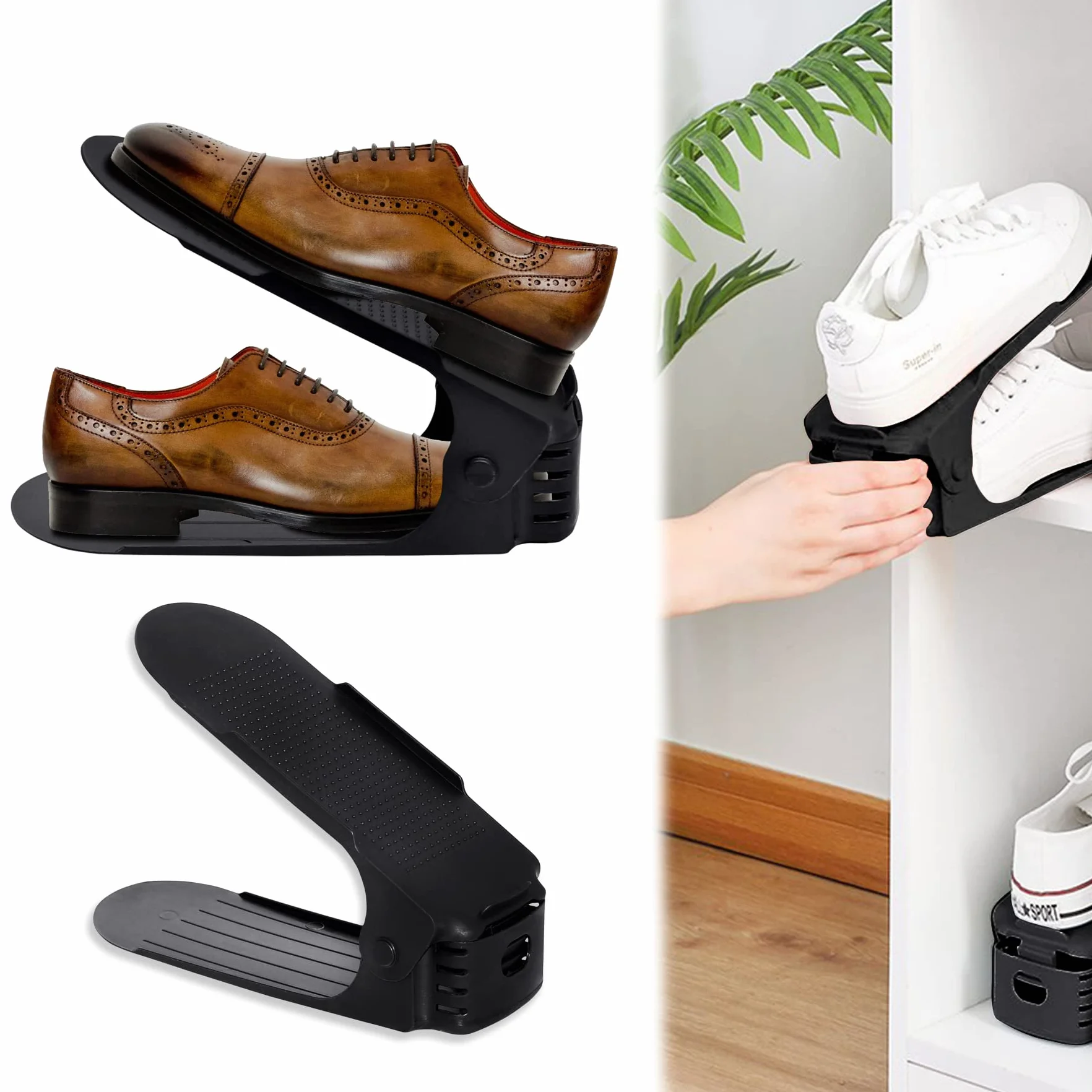 Froadp 60 organizadores de zapatos ajustables de material PP, antideslizantes, con 3 alturas ajustables, organizador de zapatos de doble capa, ahorro de espacio, almacenamiento de zapatos (negro)