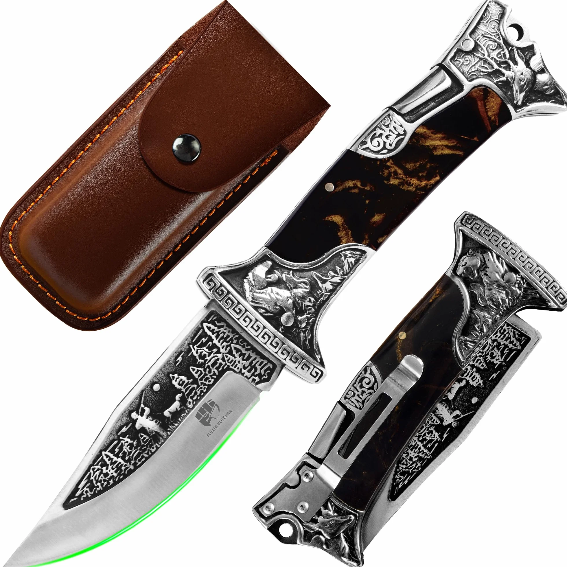FULLHI Cuchillo de caza de bolsillo 7CR17MoV, Negro grabado, Funda de cuero